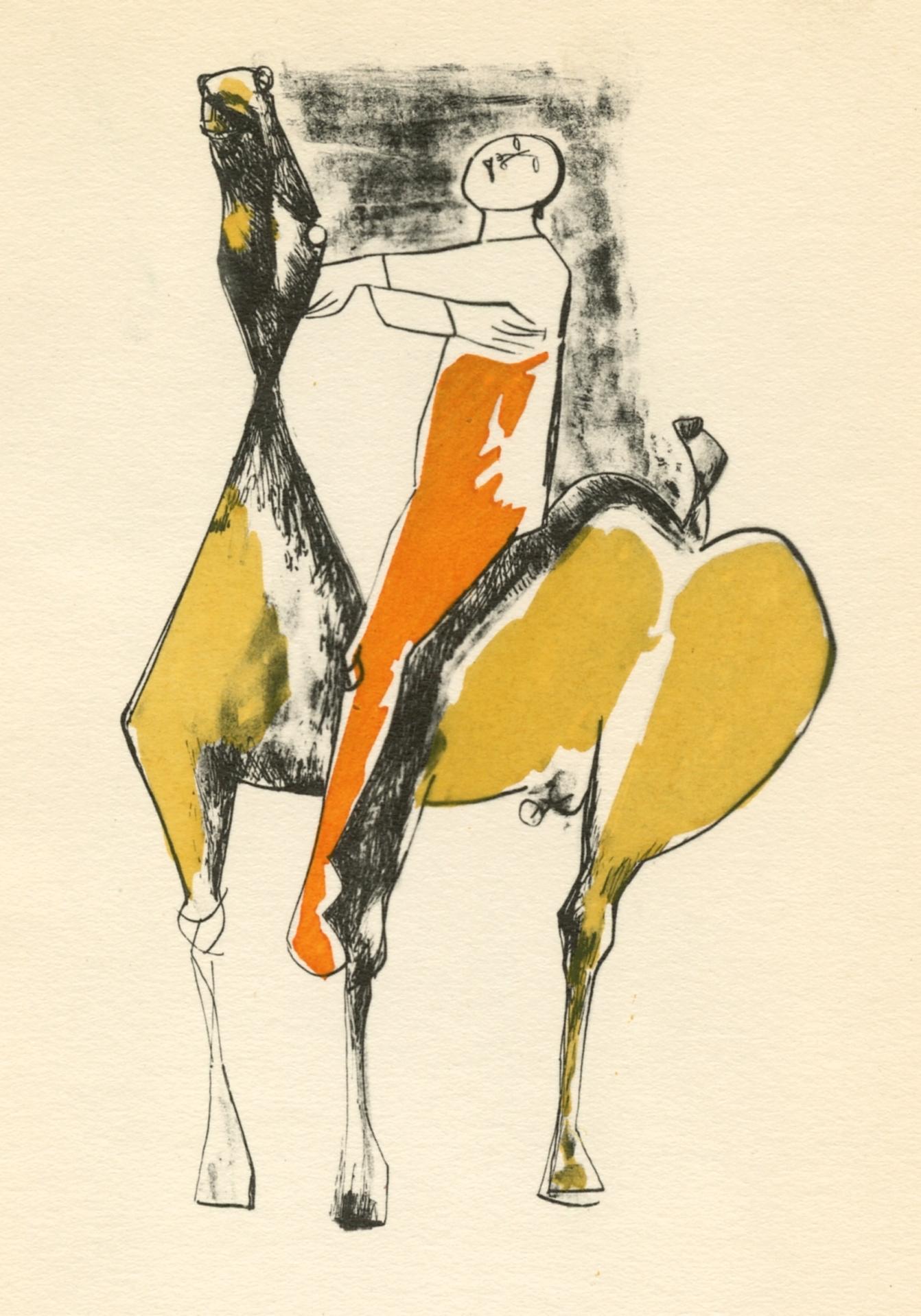 (after) Marino Marini - "Cavalier et cheval, orange et jaune" pochoir