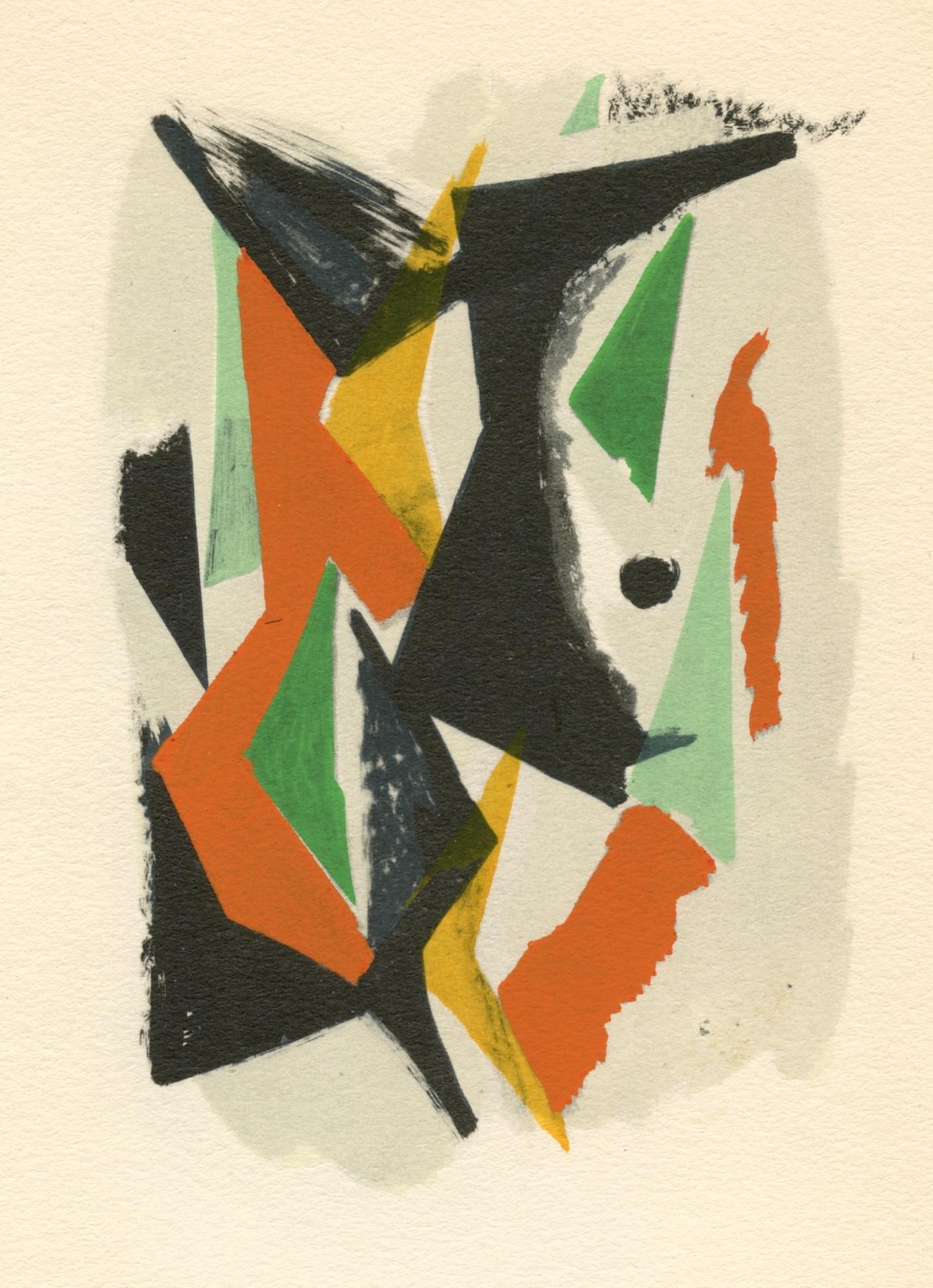 Medium: Pochoir (nach der Lithographie). Gedruckt im Atelier von Daniel Jacomet, veröffentlicht 1955 in Paris von Heinz Berggruen. Das Bild misst 5 x 3 1/2 Zoll (130 x 90 mm). Nicht unterzeichnet.