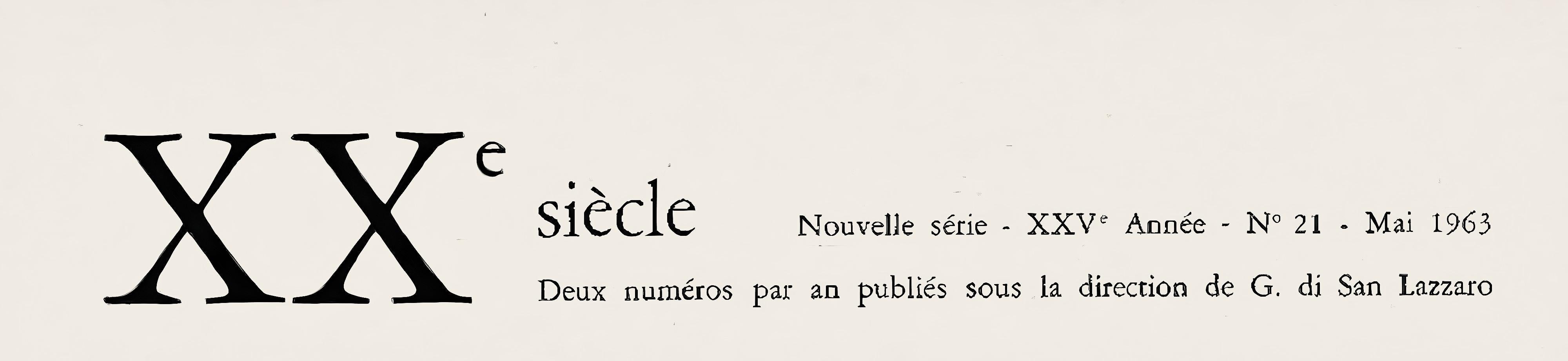 Lithograph on vélin paper. Paper Size: 12.4 x 9.65 inches. Inscription: Unsigned and unnumbered, as issued. Notes: From the album, XXe siècle, Nouvelle série, XXVe Année N°22, Noël 1963, Cahiers d'art créés en 1938 par G. di San Lazzaro, 1963.