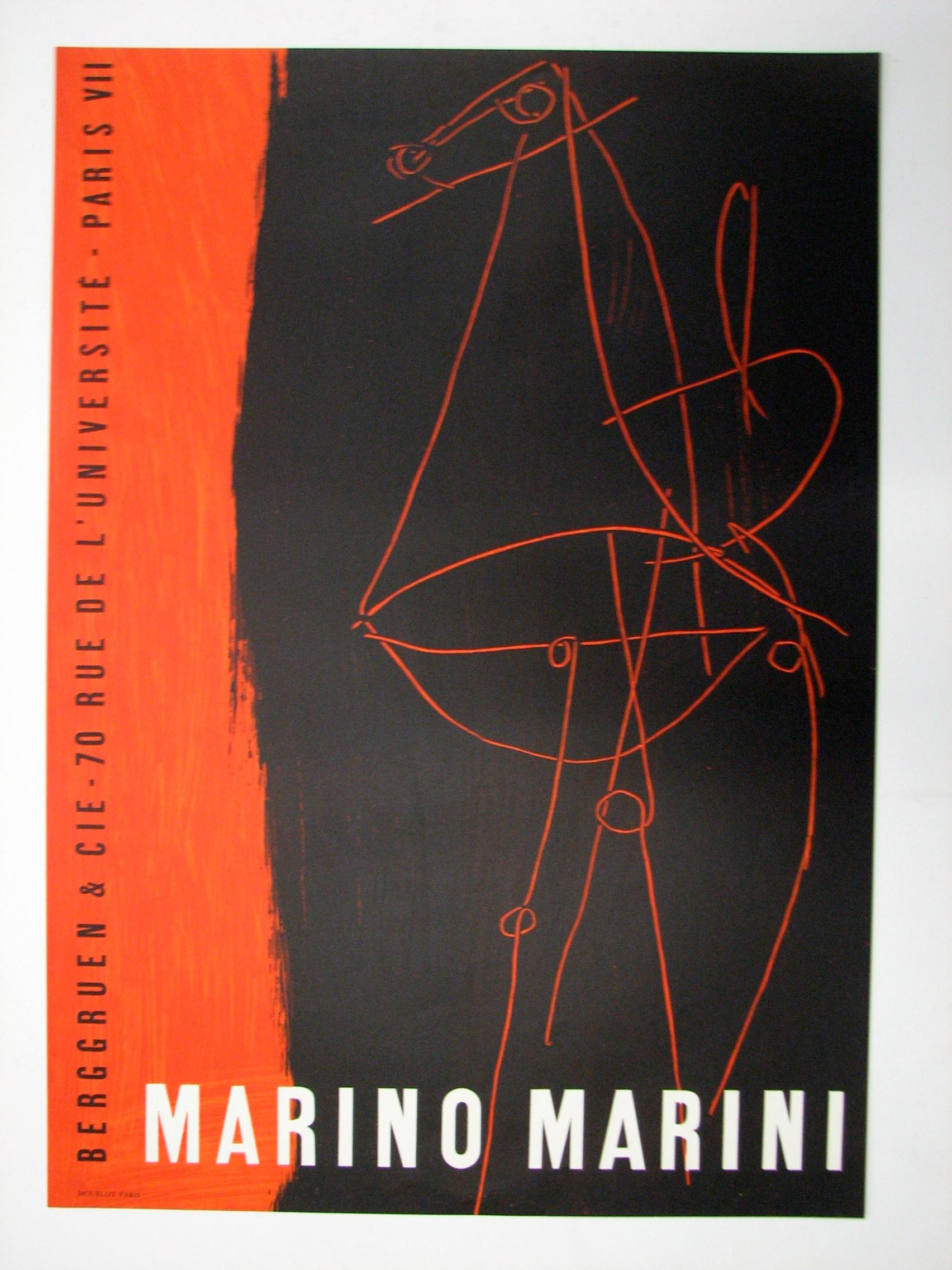 A beautiful original lithographic poster created for an exhibition of Marini's work at the Galerie Berggruen & Cie. Paris, 1955. There is also an edition of 200 unsigned and unnumbered proofs and a further 20 Artist proofs aside from the