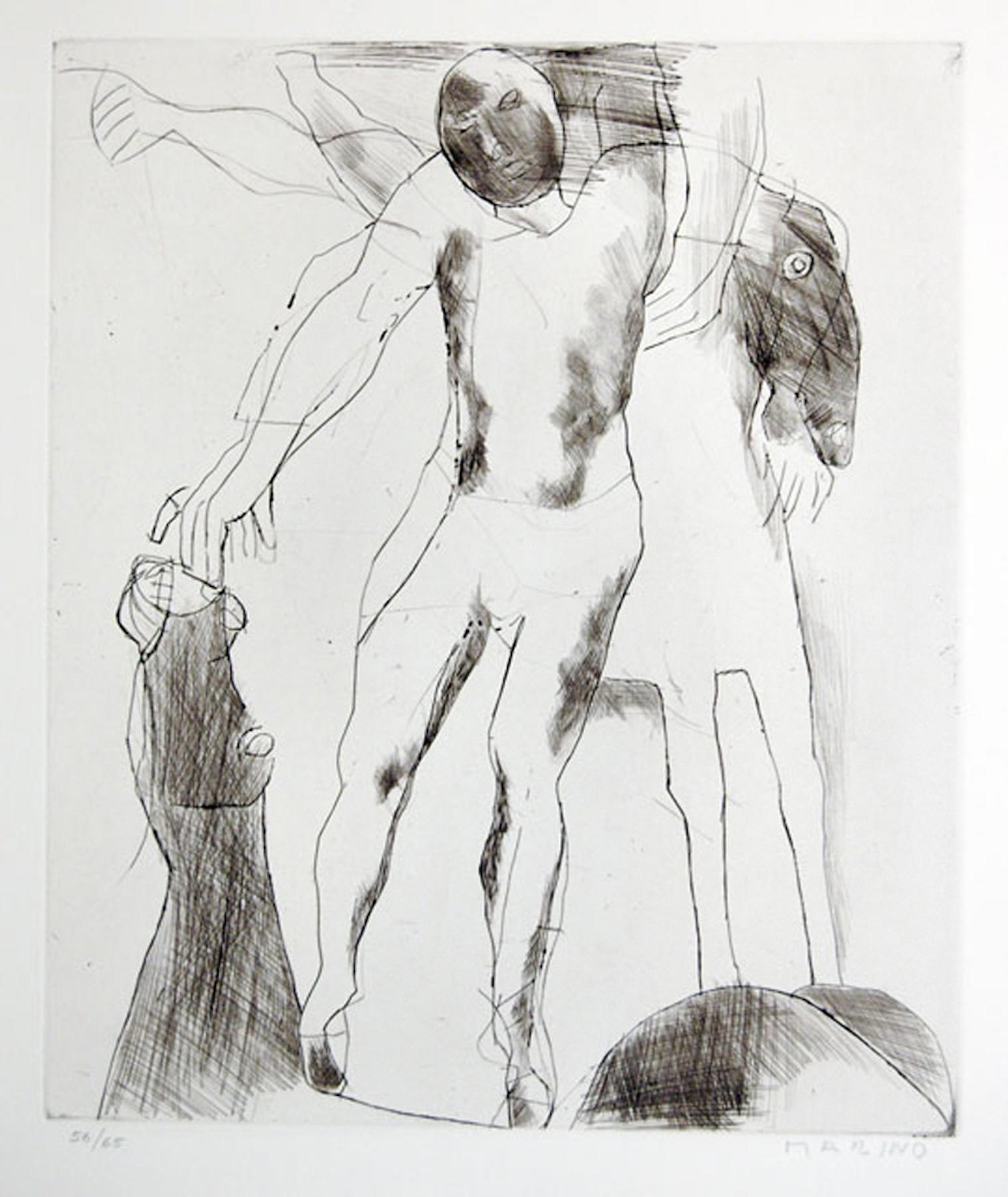 Dimensions de l'image : 35.7x30 cm
Signé et numéroté à la main. Edition de 65 tirages. Technique : gravure et pointe sèche. Titre original "Giocolieri".
Cette œuvre est la planche VII du portfolio "Marino Marini Gravures" publié par Crommelynck en