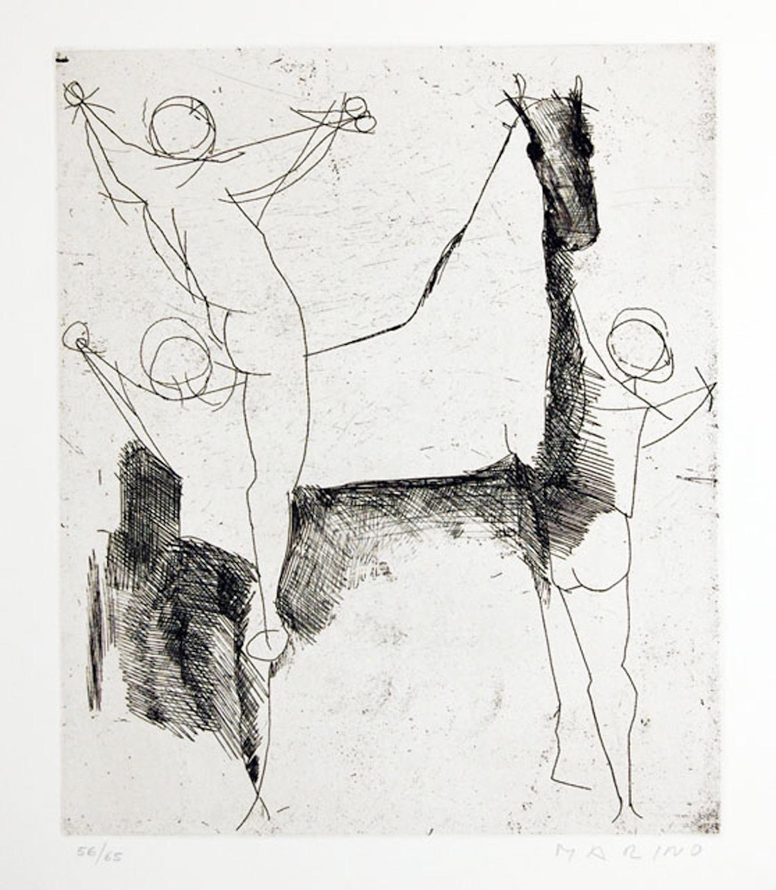 Dimensions de l'image : 29x24,5 cm.
Signé et numéroté à la main. Edition de 65 tirages. Titre original "Giocolieri e cavallo".
Cette œuvre est la planche IX du portfolio "Marino Marini Gravures" publié par Crommelynck en 1970.
Réf. G. Di San Lazzaro