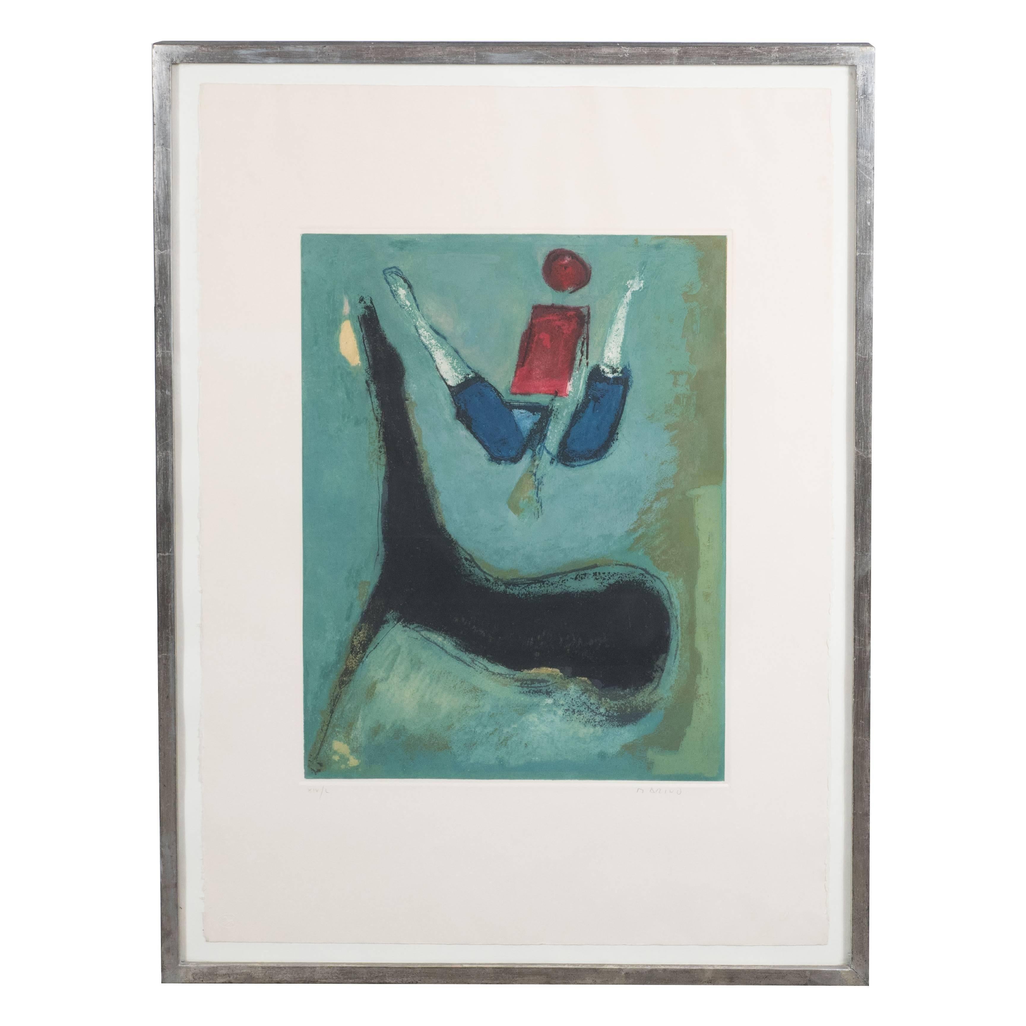 Cette lithographie en couleurs, vibrante et emblématique, a été réalisée par le célèbre artiste italien Marino Marini, vers 1970. Contemporain de Jean Arp, Alexander Calder et Henry Moore, Marini est surtout connu pour ses œuvres figuratives à thème