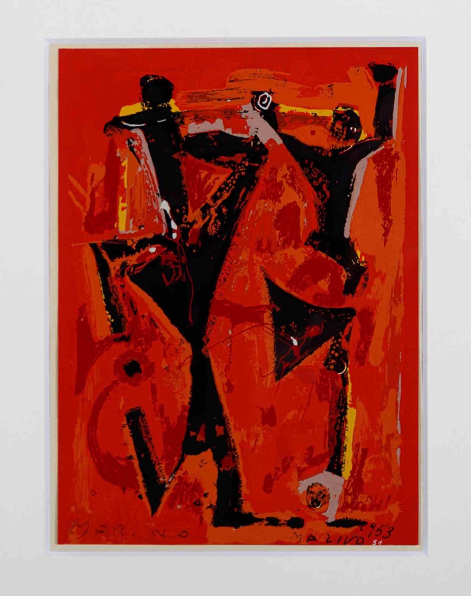 Rote Komposition – Lithographie von Marino Marini – 1953