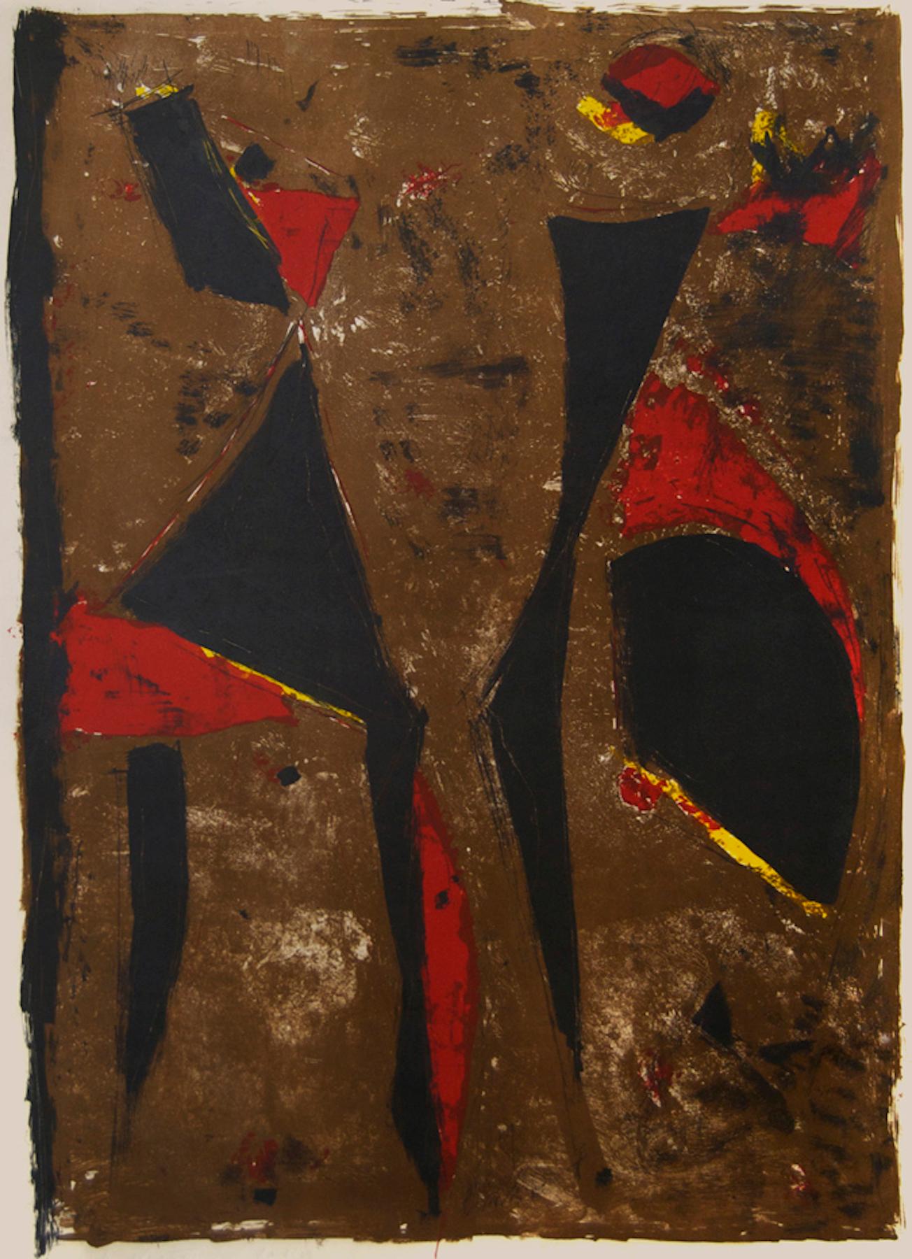 Le chevalier rouge sur fond brun - Lithographie originale de Marino Marini - 1961 en vente 1
