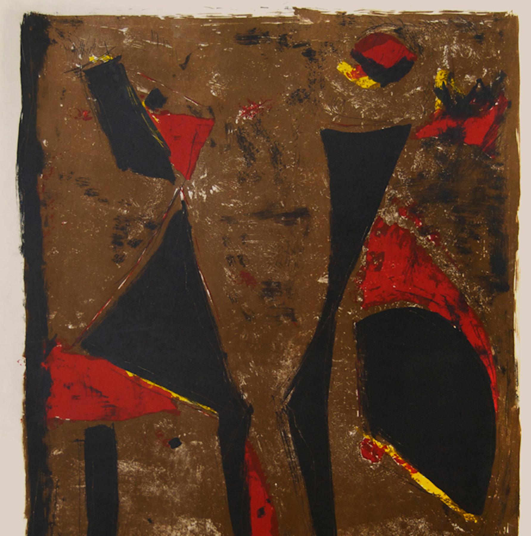Le chevalier rouge sur fond brun - Lithographie originale de Marino Marini - 1961 en vente 2
