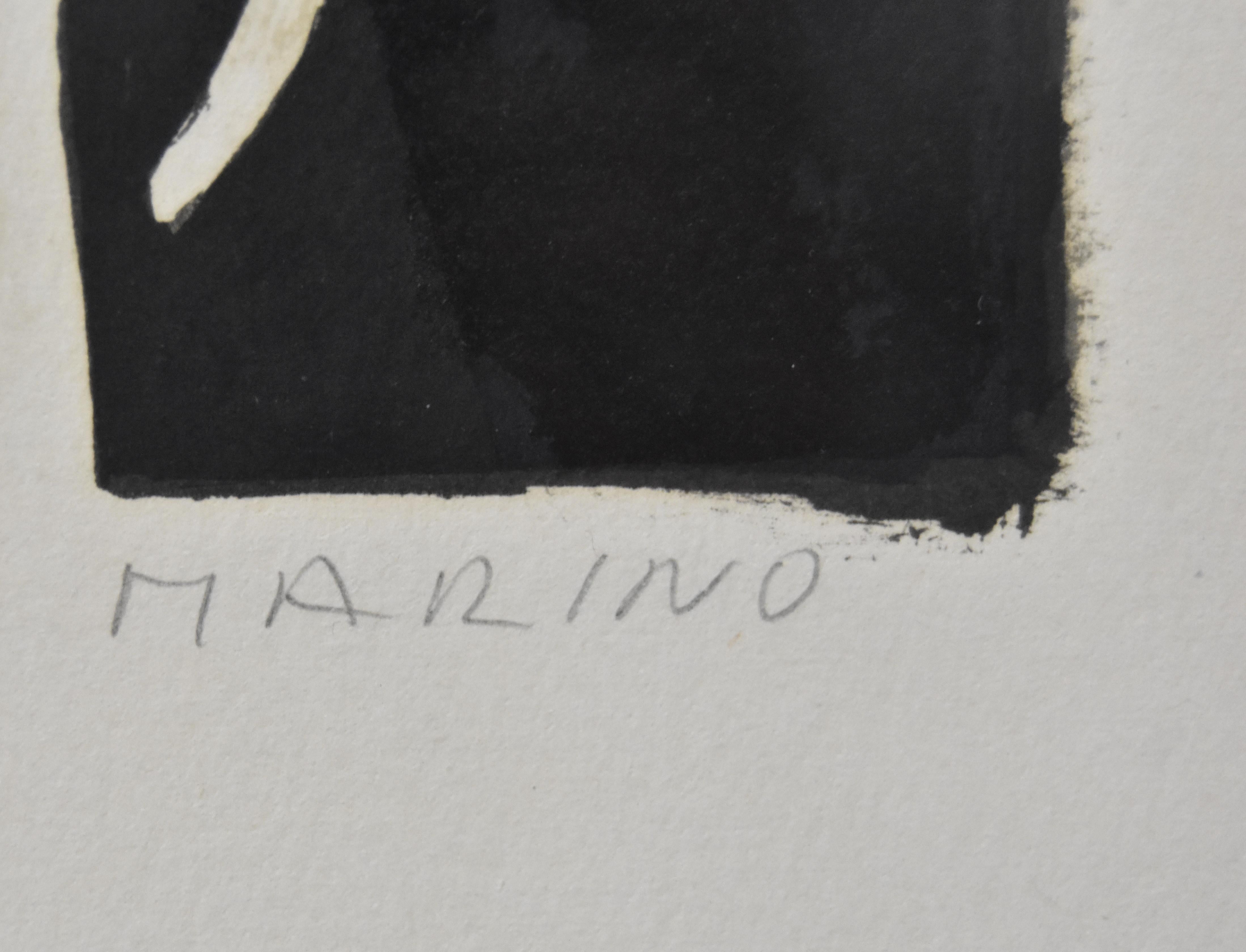 Marino Marini handsignierte Lithographie 18/50, um 1973. Unter dem Titel Le Sacre Du Printemps Drei Grazien. Zinnfarbener Rahmen. Der Druck ist auf Bogenpapier gedruckt und schwimmt auf einer schwarzen Leinenmatte. Sehr guter Zustand. Leichte