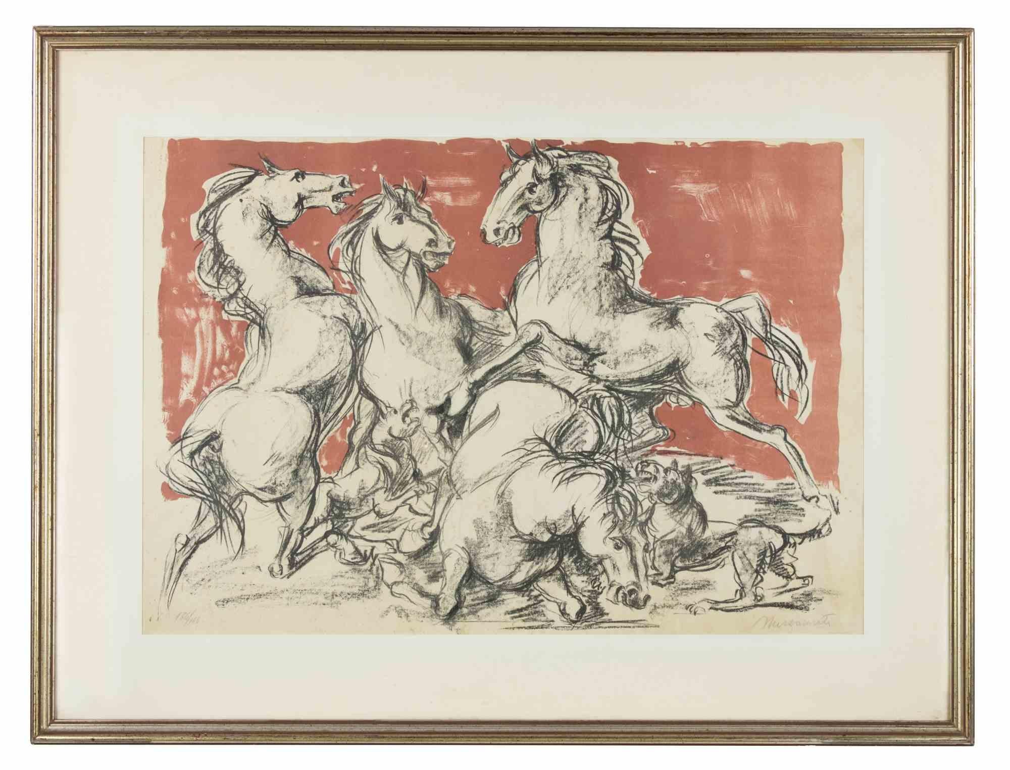 Horses is a modern artwork realized by Marino Mazzacurati in the mid-20th century.

Mixed colored lithograph.

Hand signed by the artist on the lower margin.

Includes frame: 65 x 1 x 86 cm