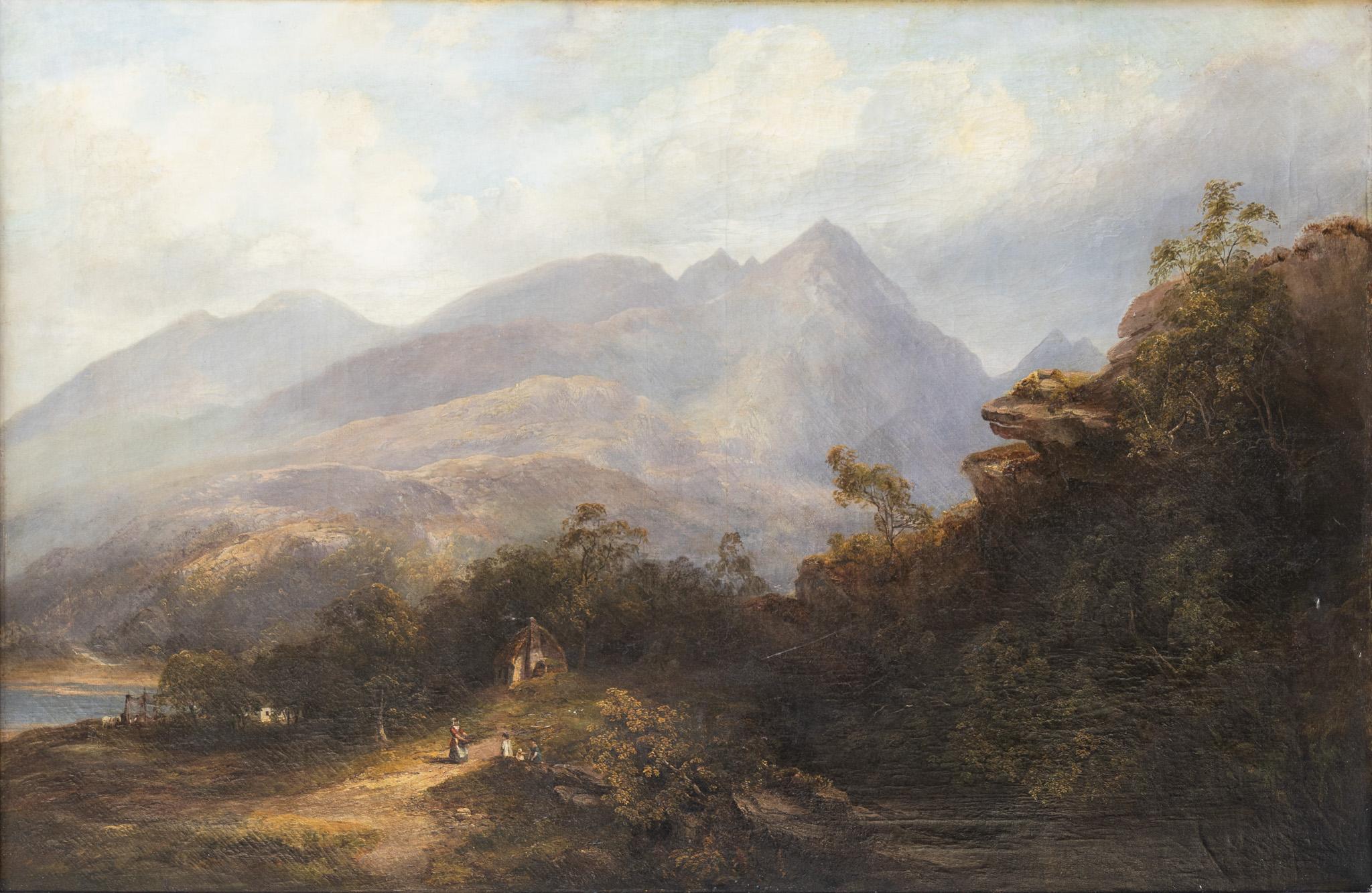Figurative Painting Marinus Adrianus Koekkoek  - "Paysage alpin avec mère et enfants" Peinture à l
huile ancienne Europe Nature