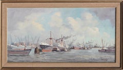 Marinus Johannes De Jongere Oil on Canvas "Ships at a Bustling Port"