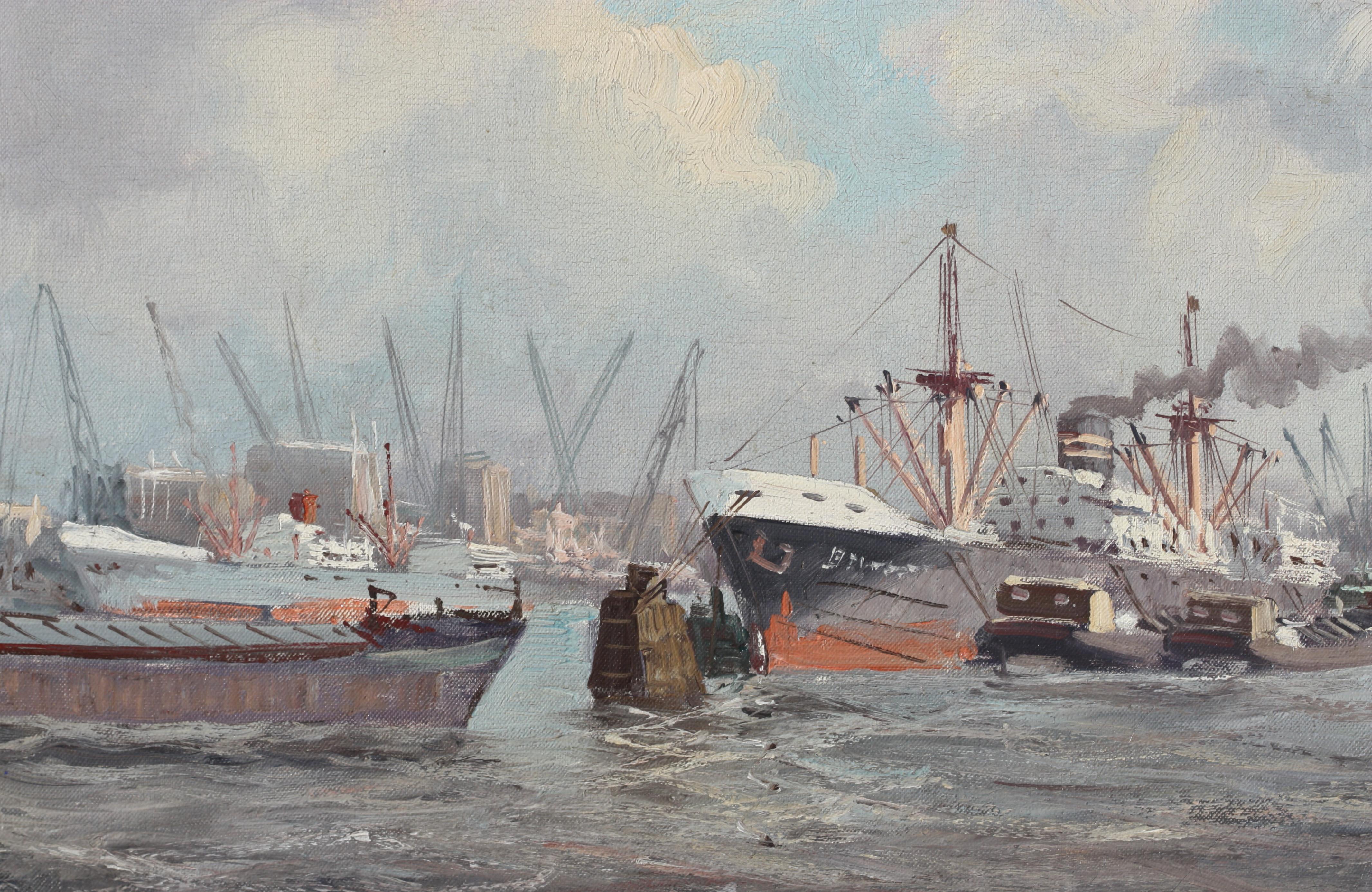 20ième siècle Huile sur toile Marinus Johannes De Jongere « Ships at a Bustling Port » (Ships at a Bustling Port) en vente