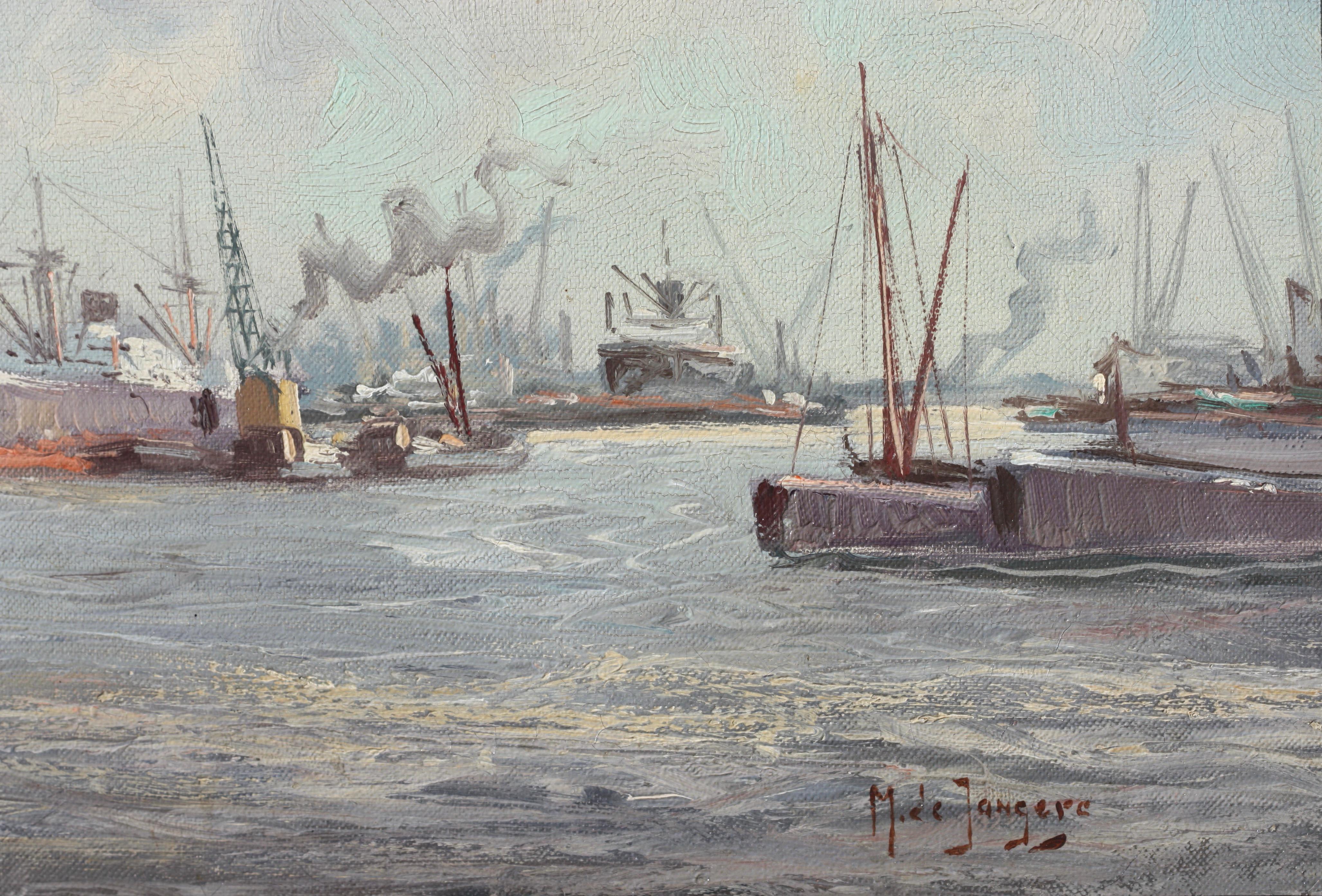 Toile Huile sur toile Marinus Johannes De Jongere « Ships at a Bustling Port » (Ships at a Bustling Port) en vente