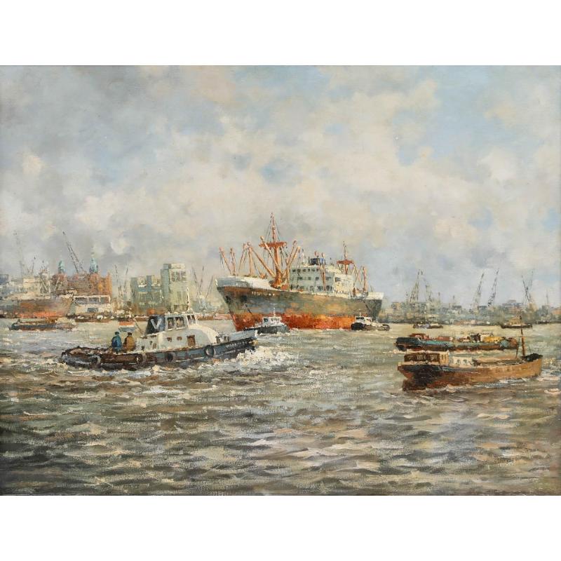 Marinus Johannes de Jongere (1912-1978) - Gerahmtes Öl, Hafenansicht Rotterdam – Painting von Jongere, M, de – Drulman, Marinus Johannes