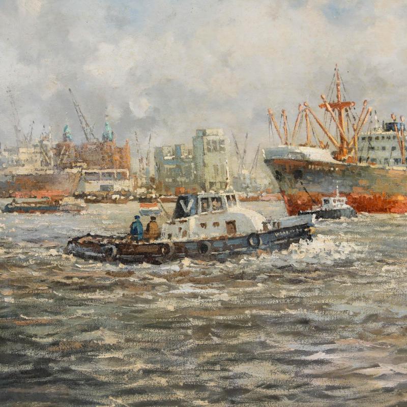 Eine ausgedehnte Öllandschaft des Rotterdamer Hafens, die dem niederländischen Impressionisten Marinus Johannes de Jongere (1912-1978) zugeschrieben wird. Die Szene zeigt eine Ansicht des größten europäischen Seehafens mit Booten und Lastkähnen auf