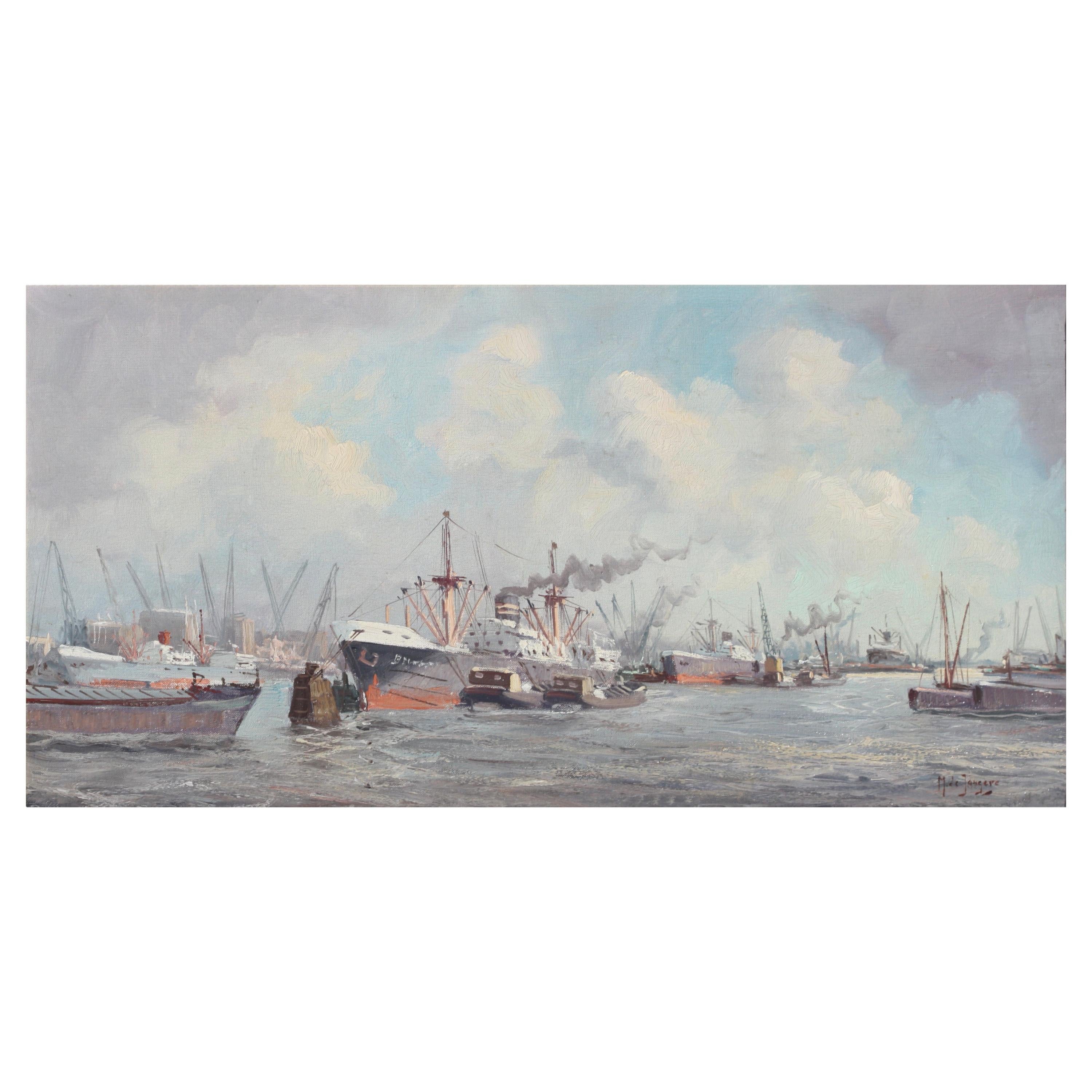 Marinus Johannes De Jongere Oil on Canvas "Ships at a Bustling Port"