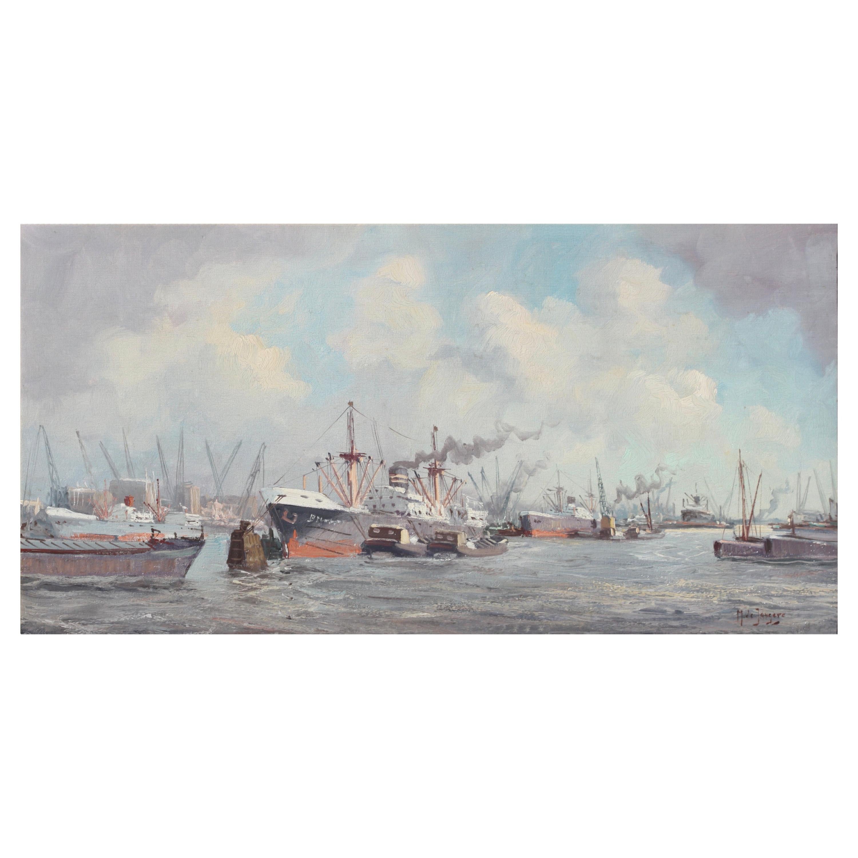 Marinus Johannes De Jongere Óleo sobre lienzo "Barcos en un puerto bullicioso"