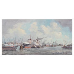 Huile sur toile Marinus Johannes De Jongere « Ships at a Bustling Port » (Ships at a Bustling Port)