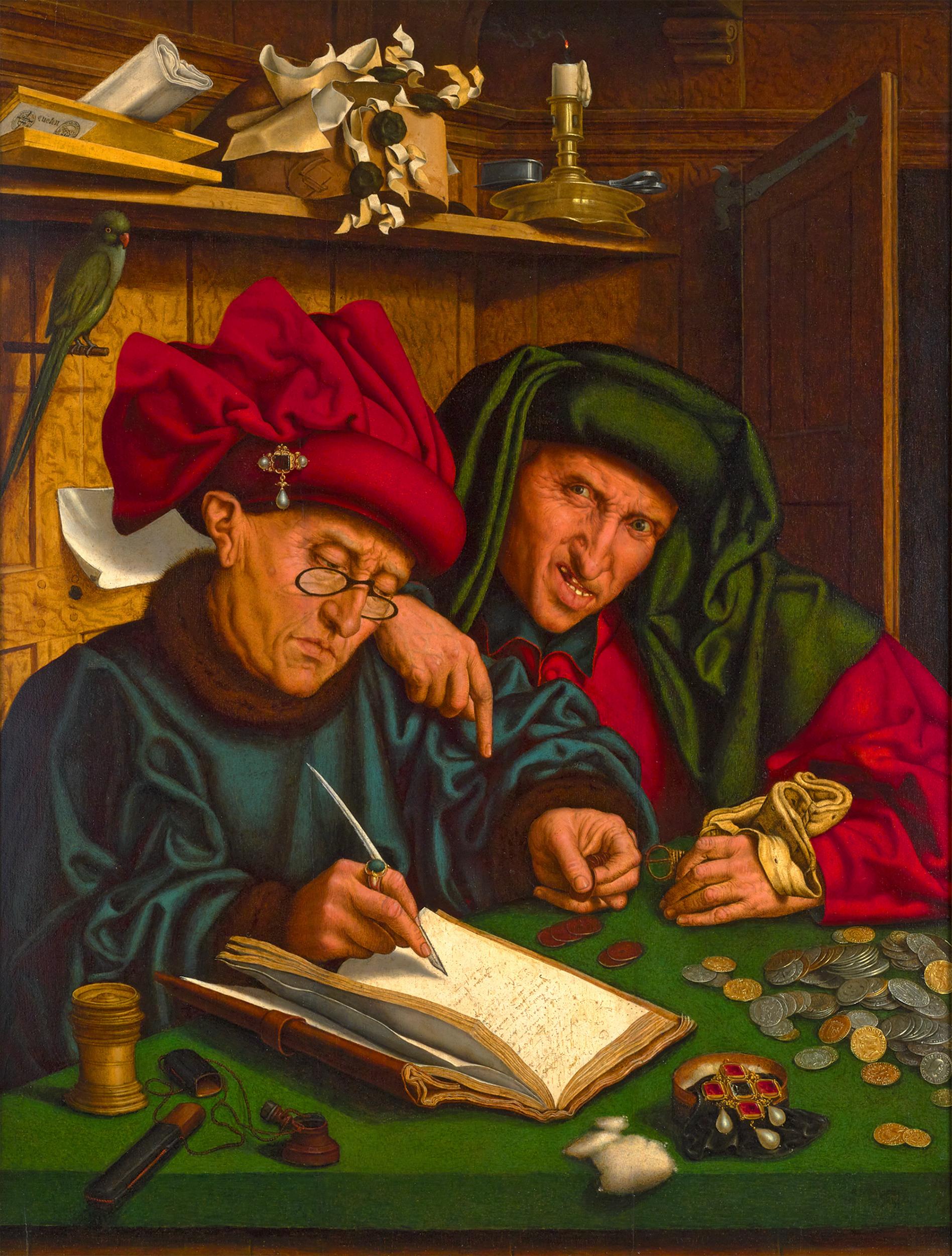 Marinus van Reymerswaele
c.1490 – c.1546  Dutch

The Tax Collectors
16th century
Oil on wood panel

Marinus van Reymerswaele stands among the greatest and most beloved artists of 16th-century Antwerp. Entitled The Tax Collectors, this oil on board