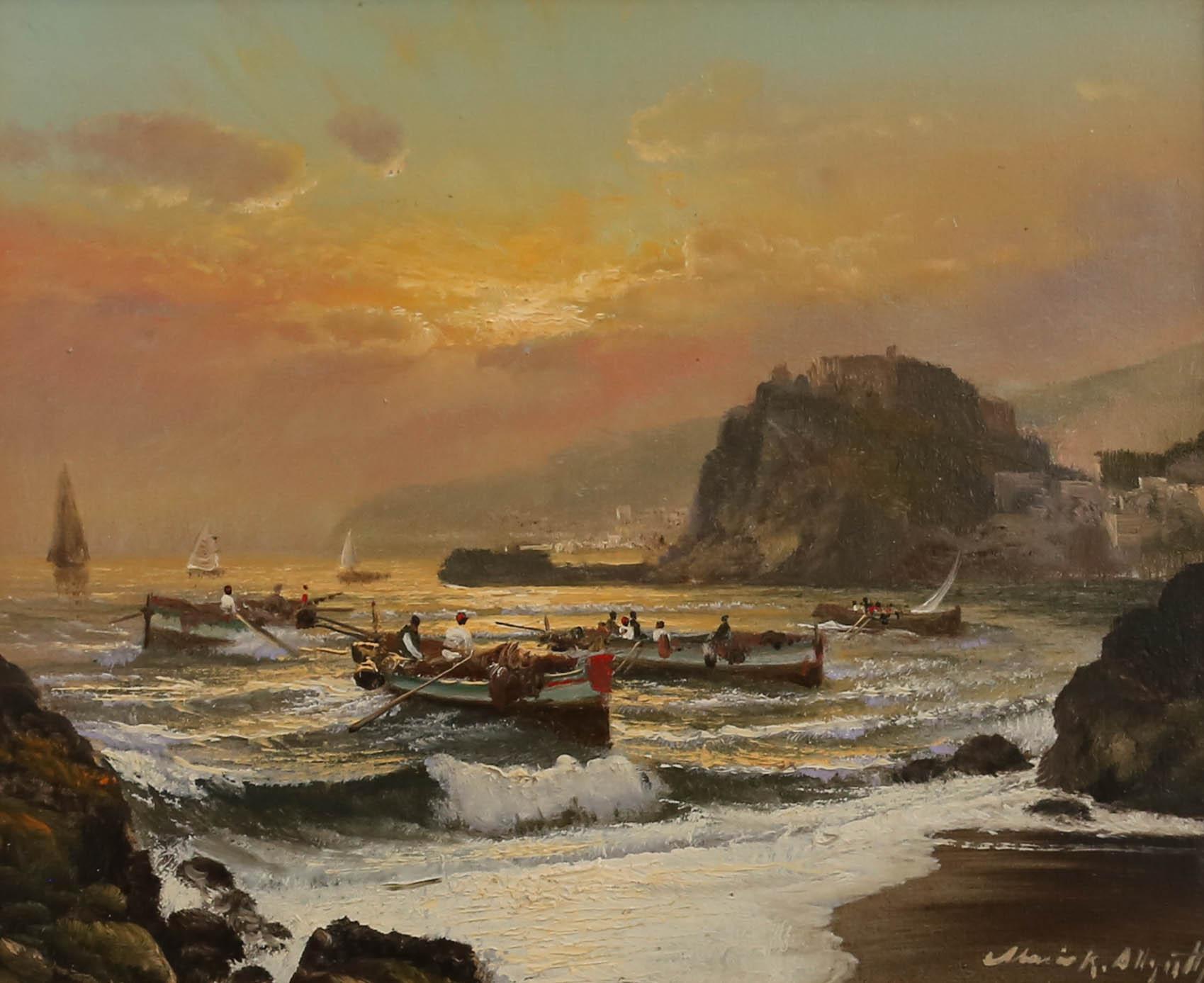 Mario Allegretti (b.1945) - 1991 Oil, The Cove At Sunset For Sale 1