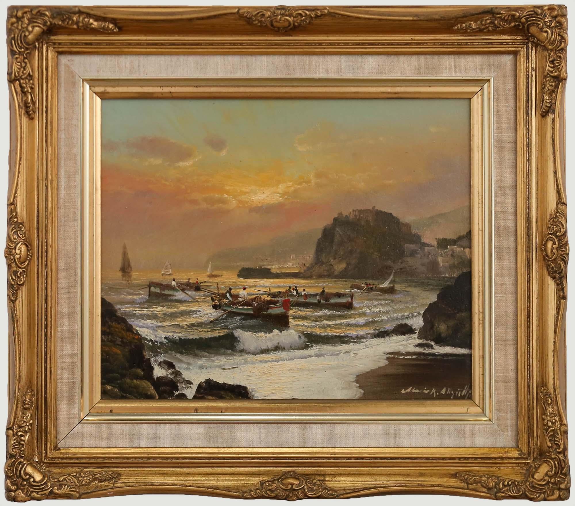 A striking 20th Century coastal scene in oil, showing fishing boats returning to shore under a blushing sunset. The artist has signed to the lower right and signed and dated to a gallery label at the reverse. The painting has been attractively