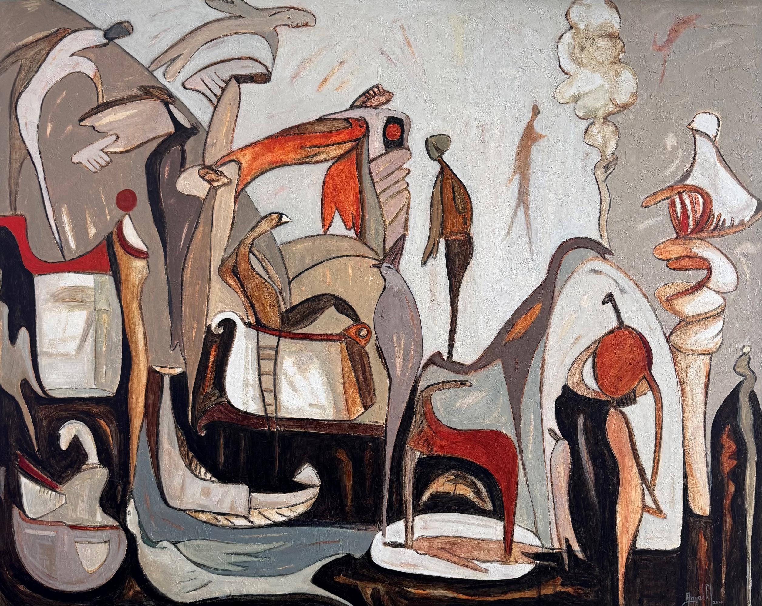 Zwischen den Epochen – Acrylgemälde auf Leinwand, abstrakt, 48 Zoll × 60 Zoll