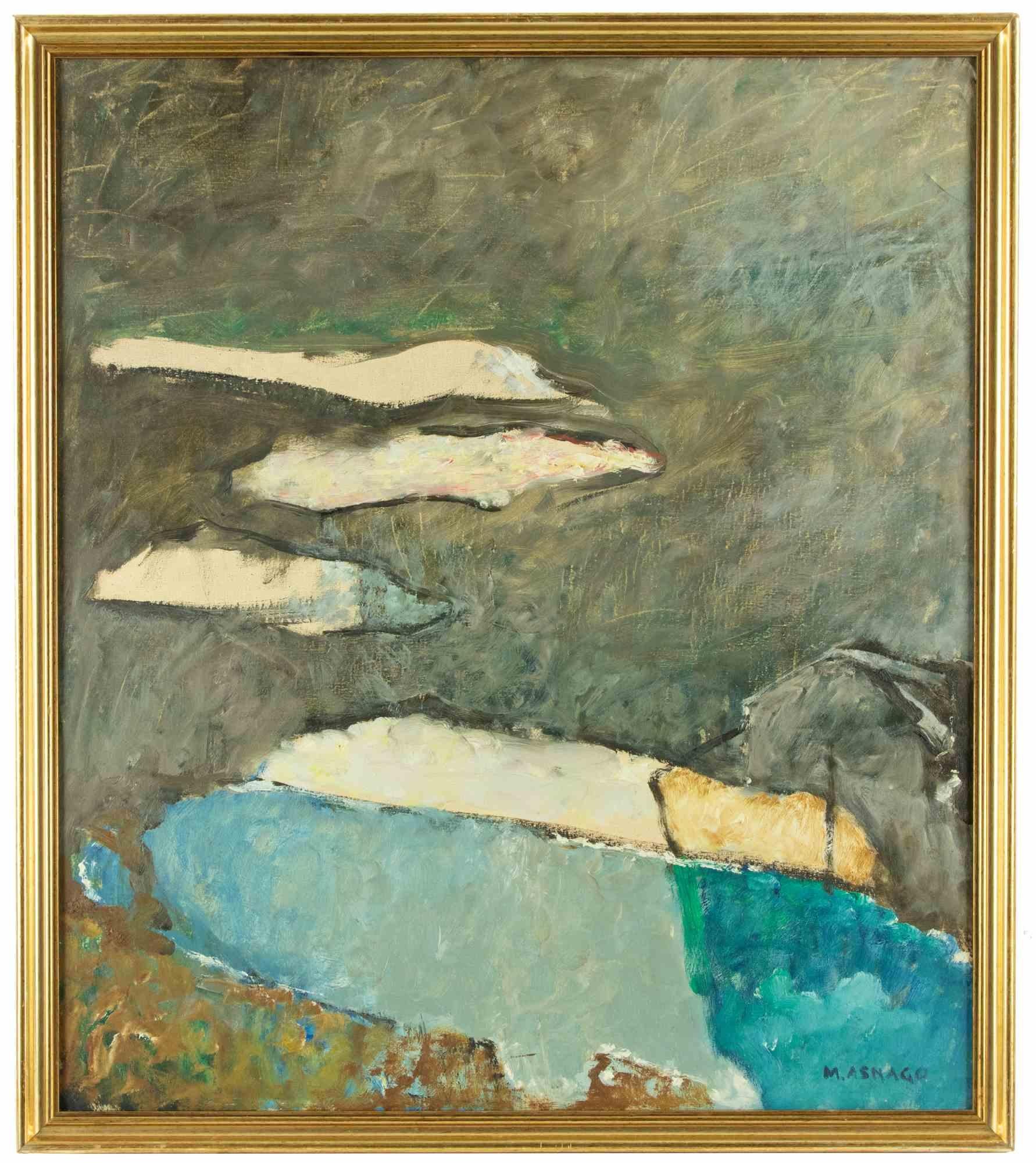 Blue Landscape - Oil on Canvas by Mario Asnago - Mid-20th Century