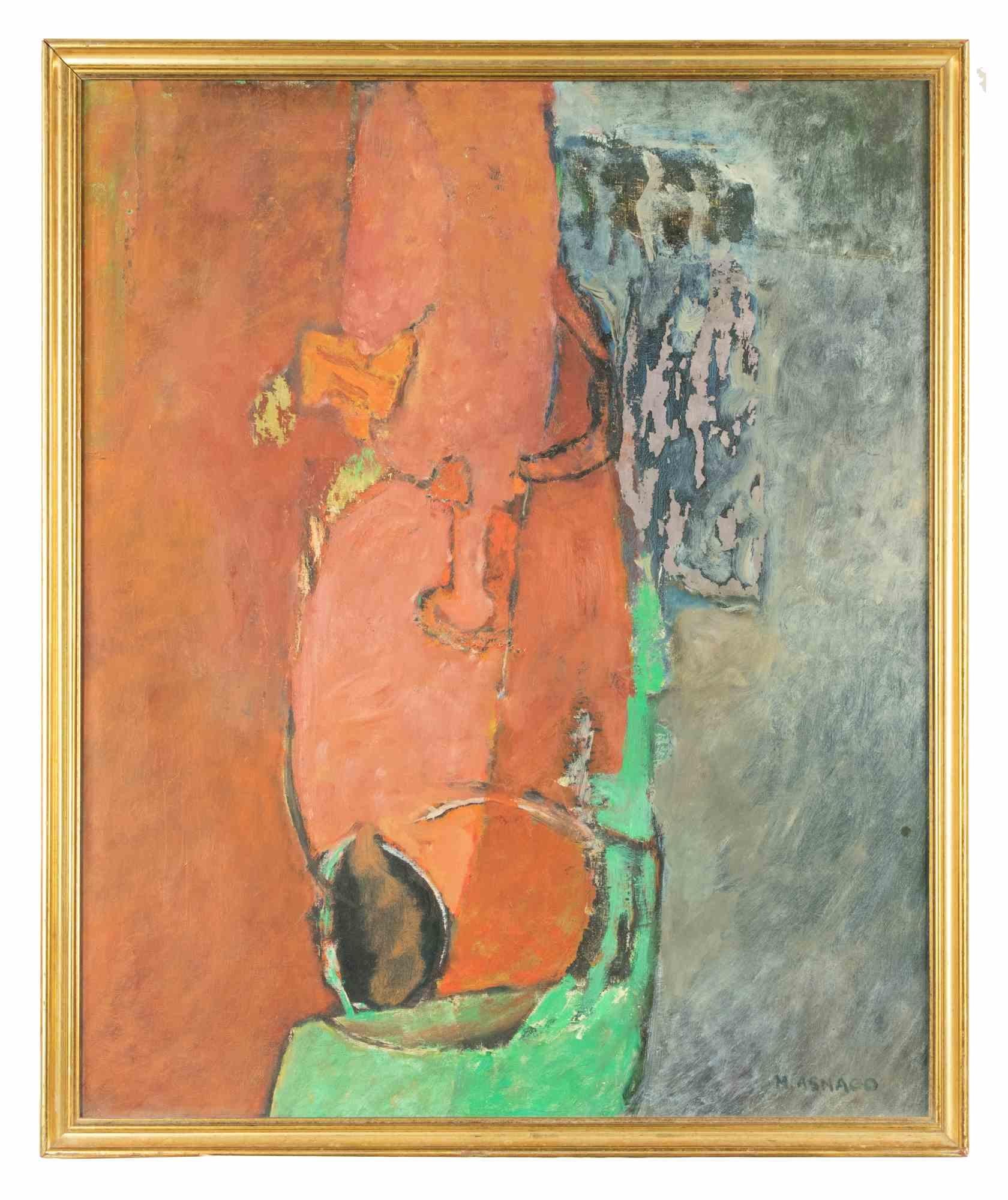 Composition ist ein originales zeitgenössisches Kunstwerk, das Mitte des 20. Jahrhunderts von Mario Asnago geschaffen wurde.

Gemischtes farbiges Ölgemälde.

Handsigniert am unteren Rand.

Einschließlich Rahmen: 90x5x75  cmComposition ist ein