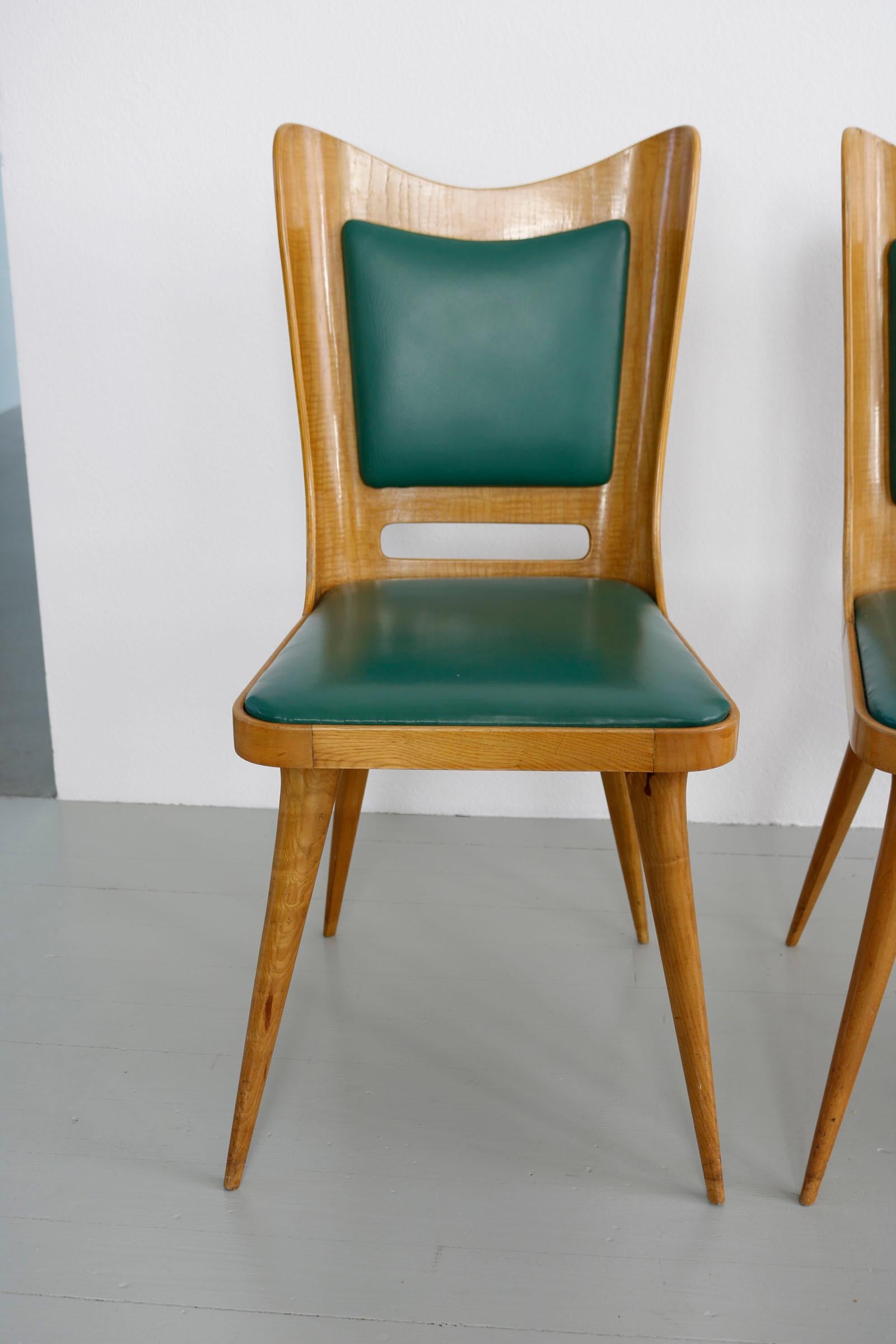 Set of Six Italian Wooden Dining Chairs with Green Upholstery, 1950 For Sale 10