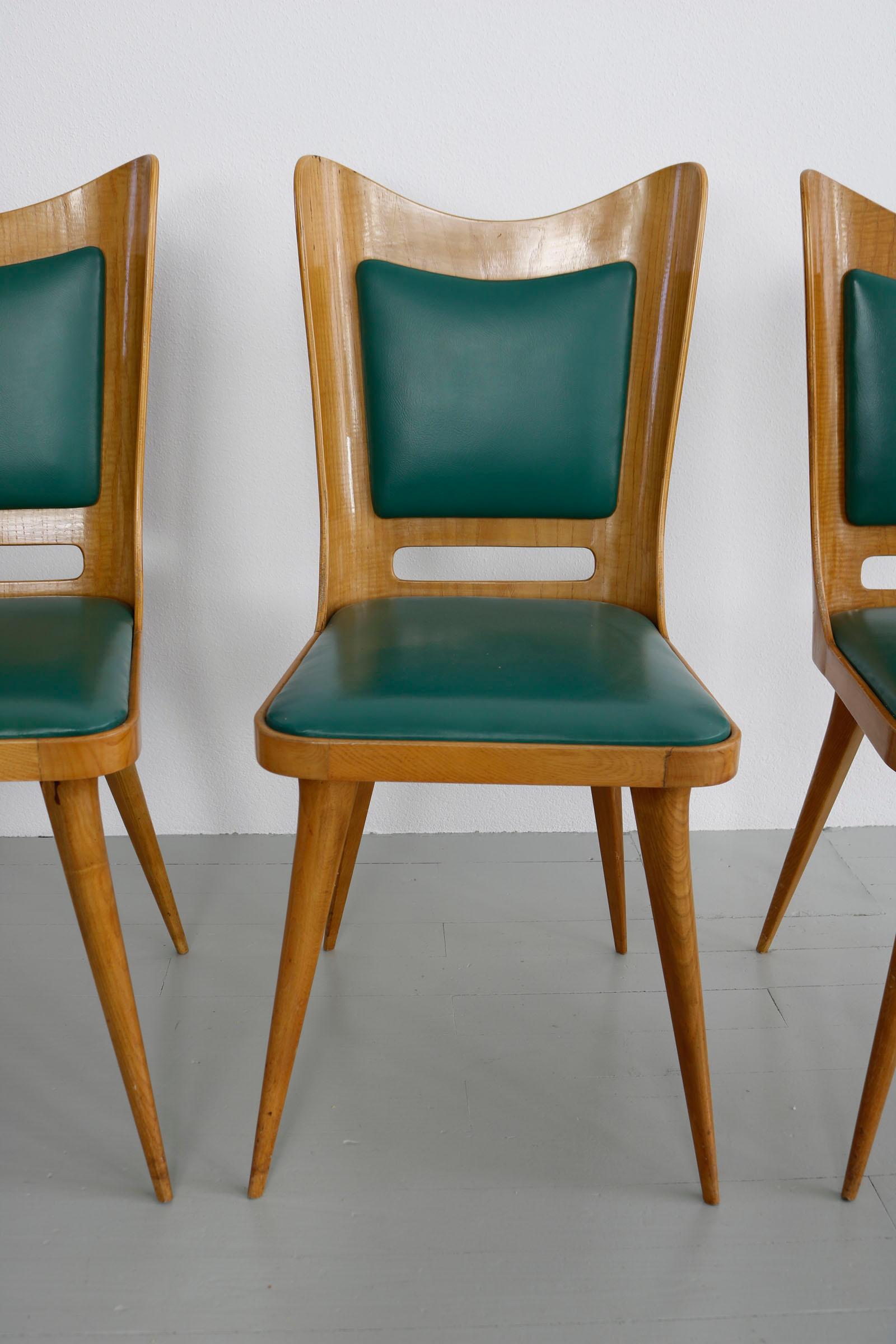 Set of Six Italian Wooden Dining Chairs with Green Upholstery, 1950 For Sale 11