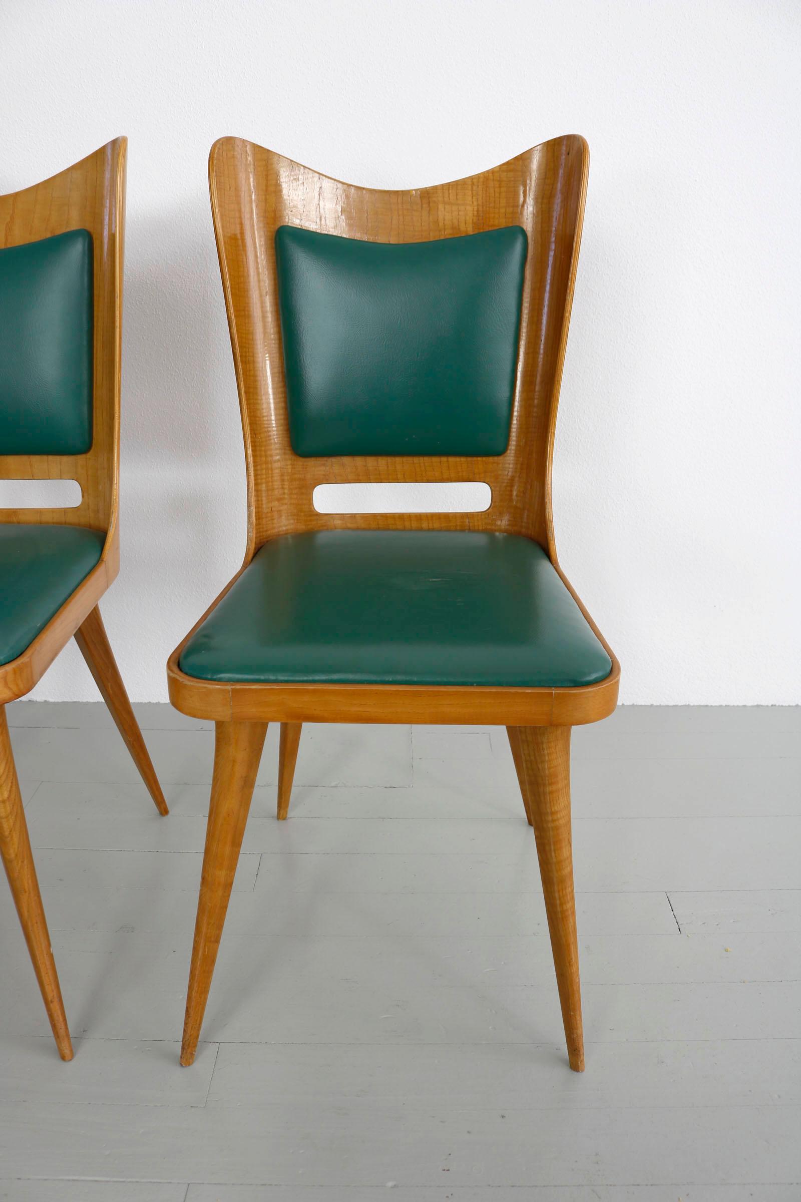 Set of Six Italian Wooden Dining Chairs with Green Upholstery, 1950 For Sale 12