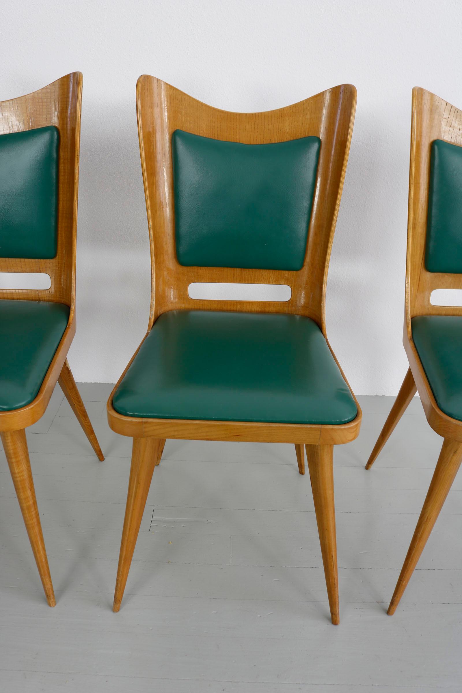 Set of Six Italian Wooden Dining Chairs with Green Upholstery, 1950 For Sale 13