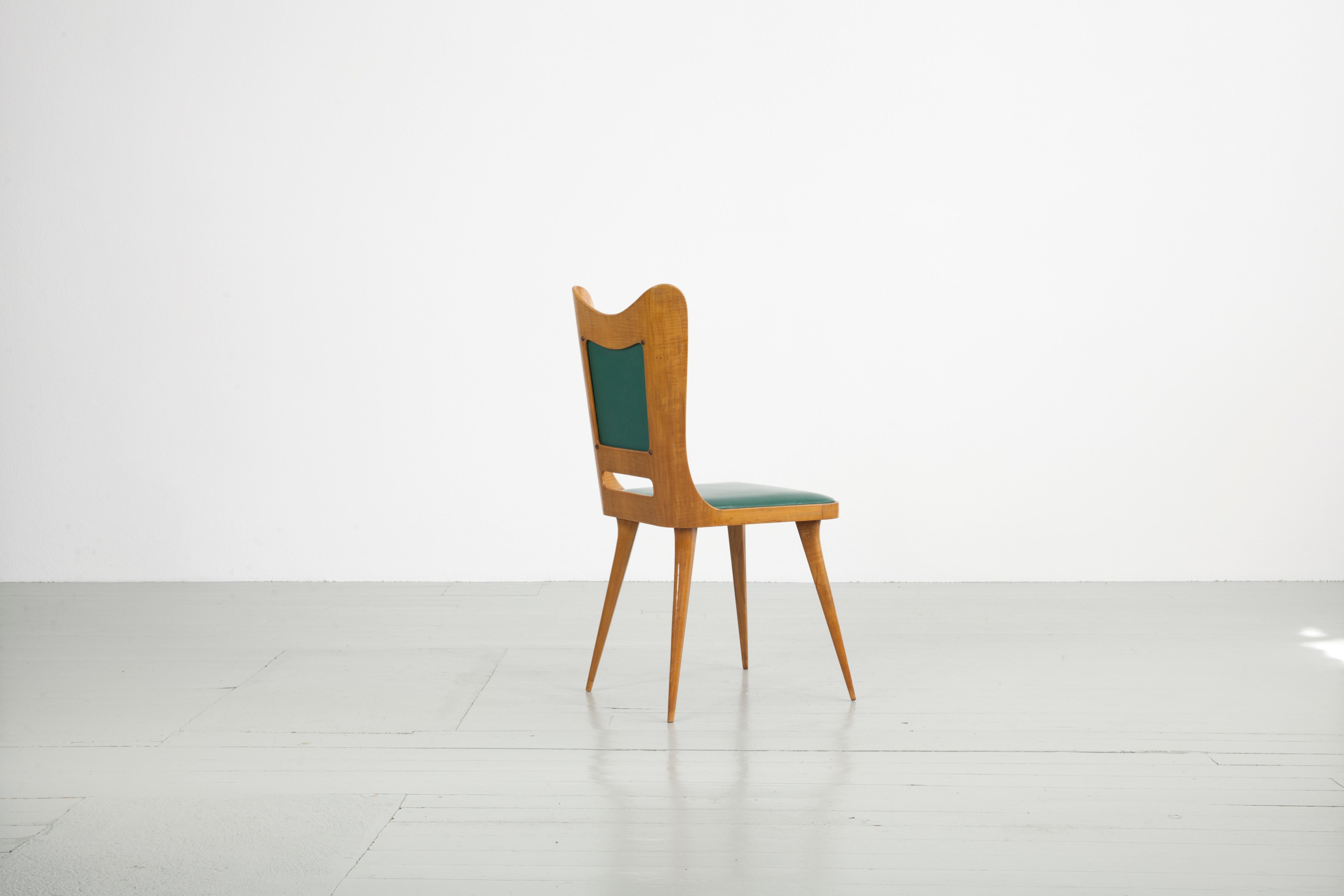 Mid-20th Century Set of Six Italian Wooden Dining Chairs with Green Upholstery, 1950 For Sale