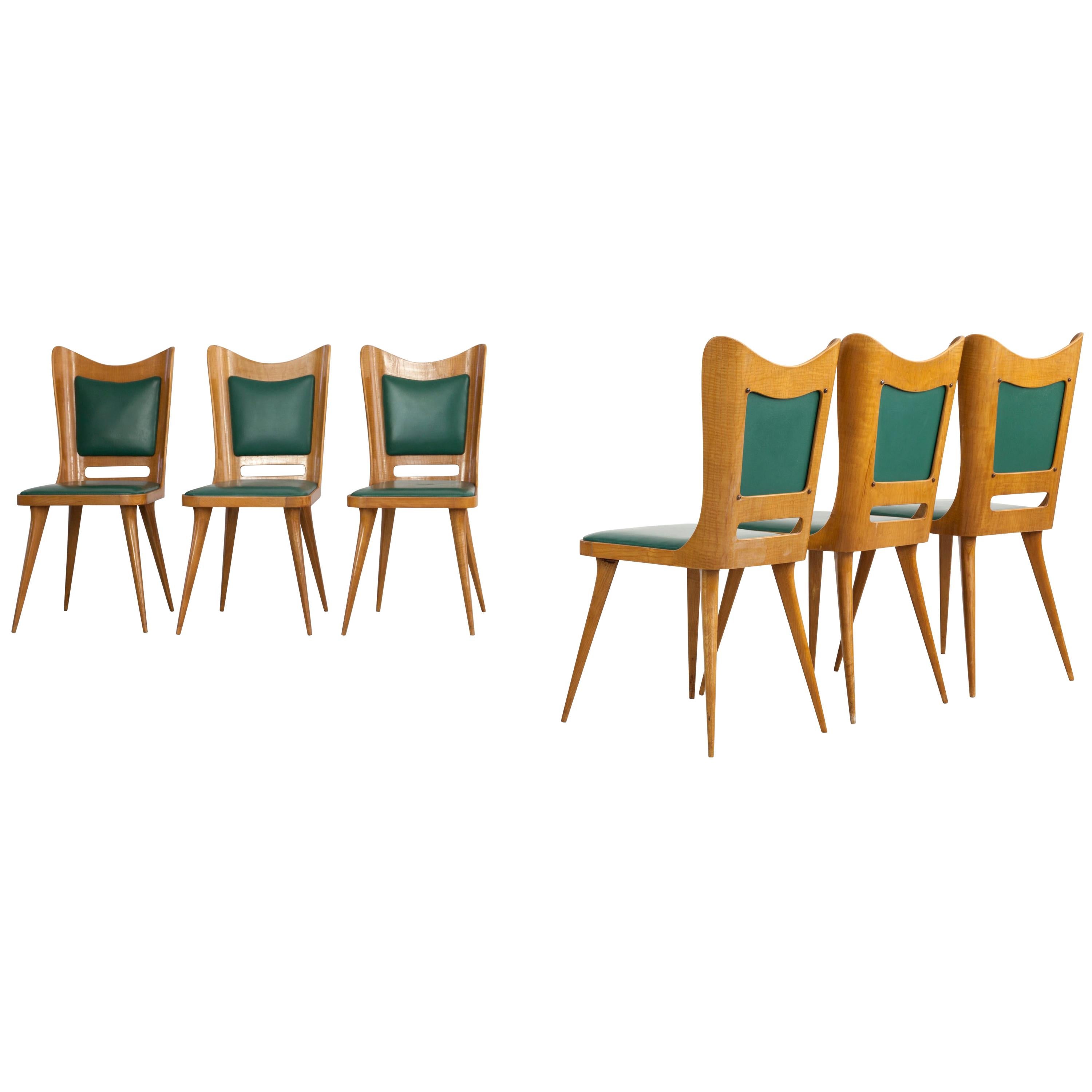 Set of Six Italian Wooden Dining Chairs with Green Upholstery, 1950 For Sale