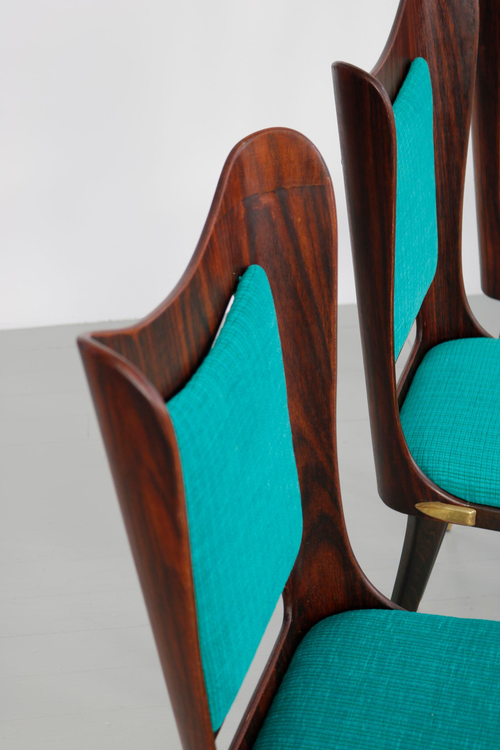 Set of Six Wooden Dining Chairs with Green Upholstery, 1950s For Sale 5