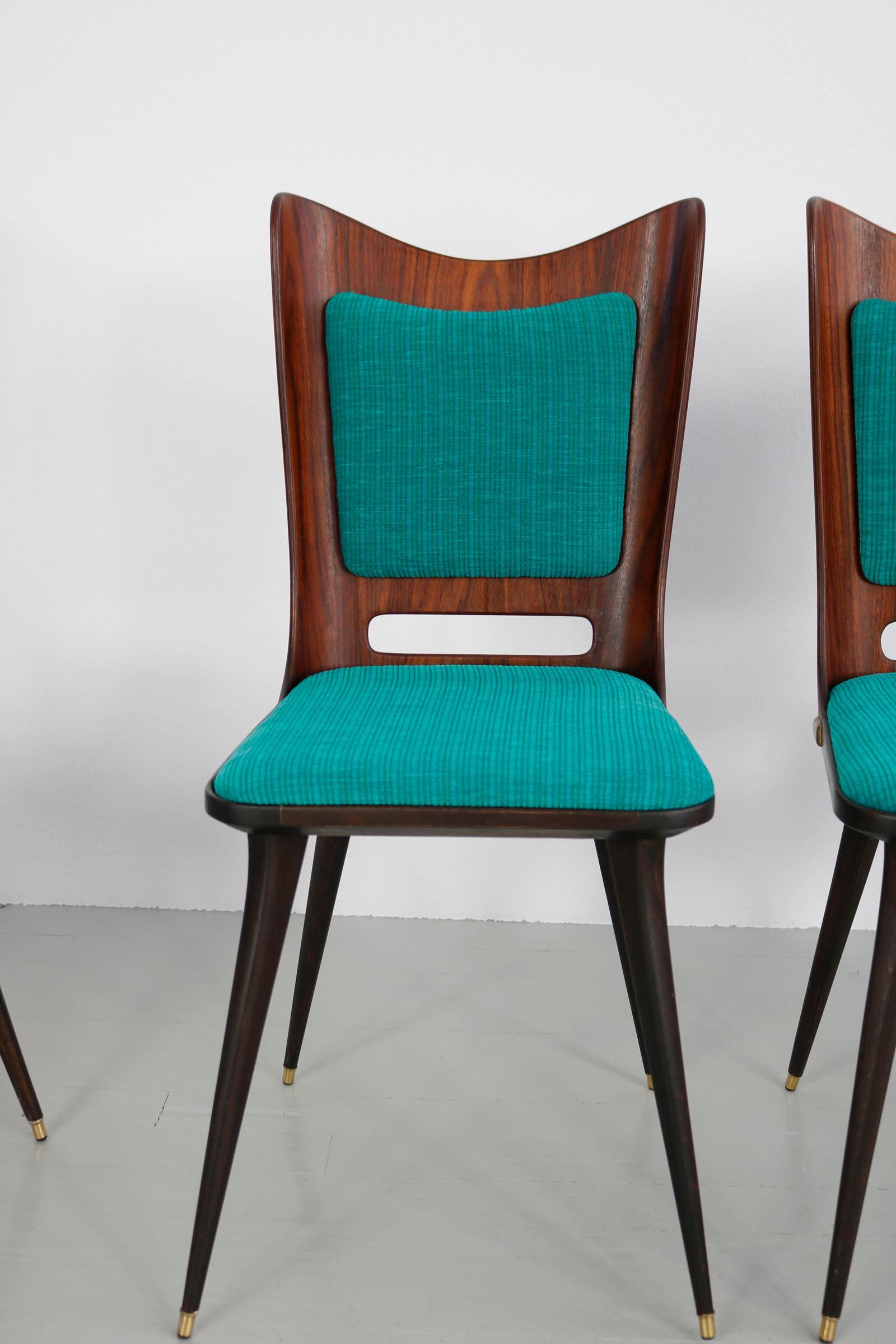 Set of Six Wooden Dining Chairs with Green Upholstery, 1950s For Sale 7