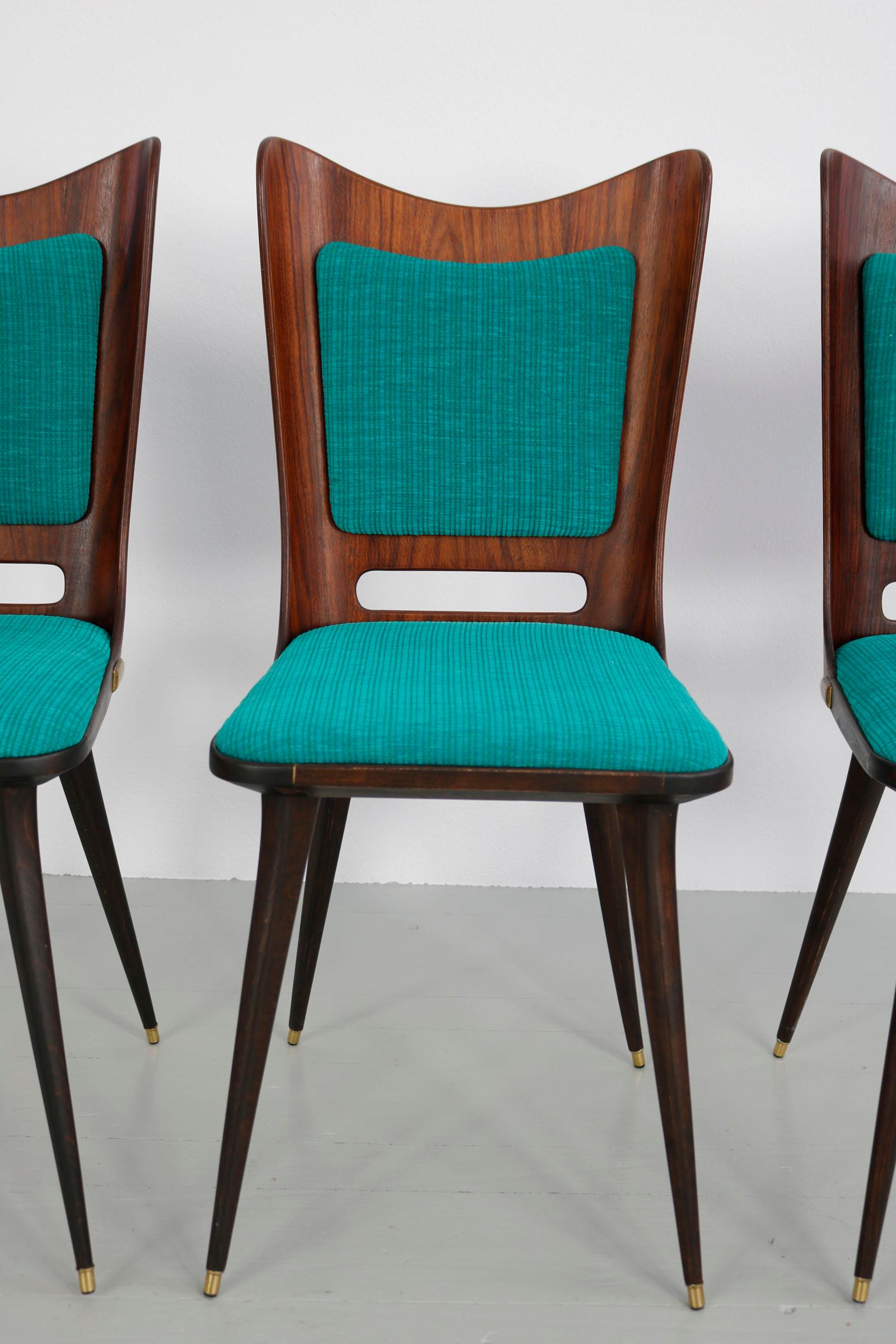 Set of Six Wooden Dining Chairs with Green Upholstery, 1950s For Sale 8