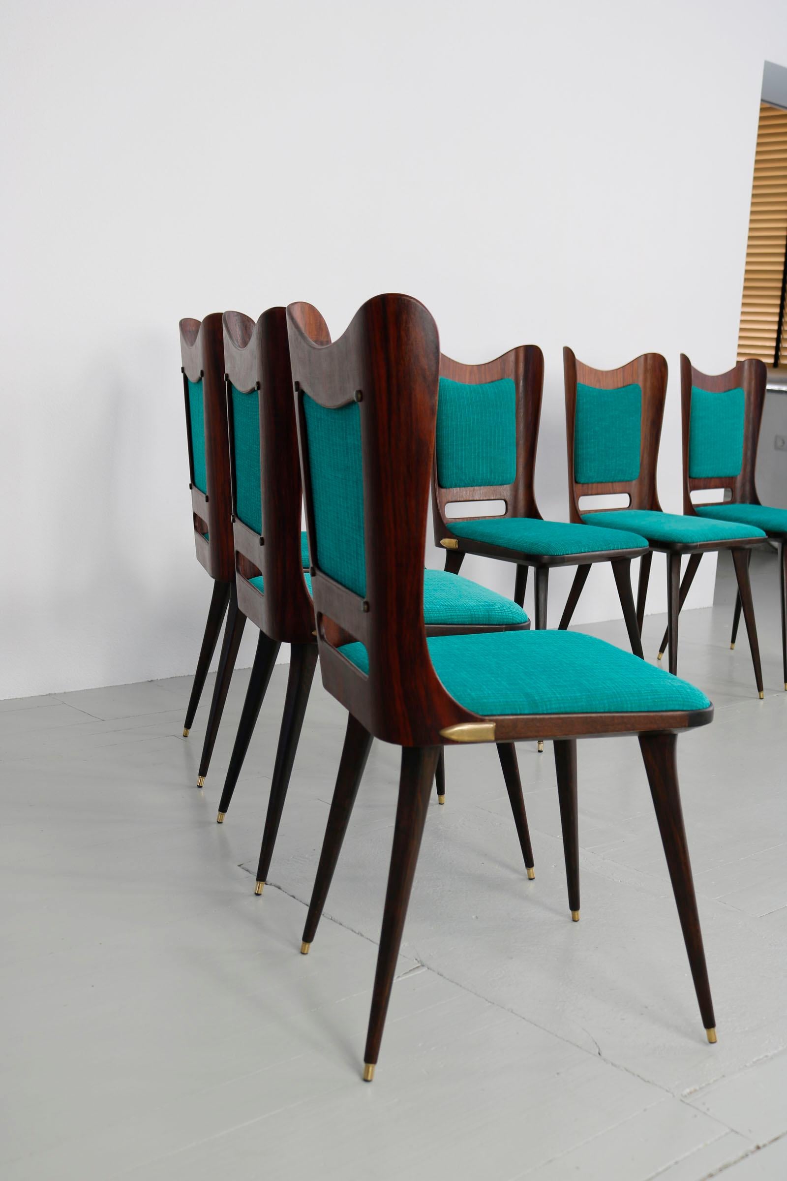 Set of Six Wooden Dining Chairs with Green Upholstery, 1950s For Sale 10