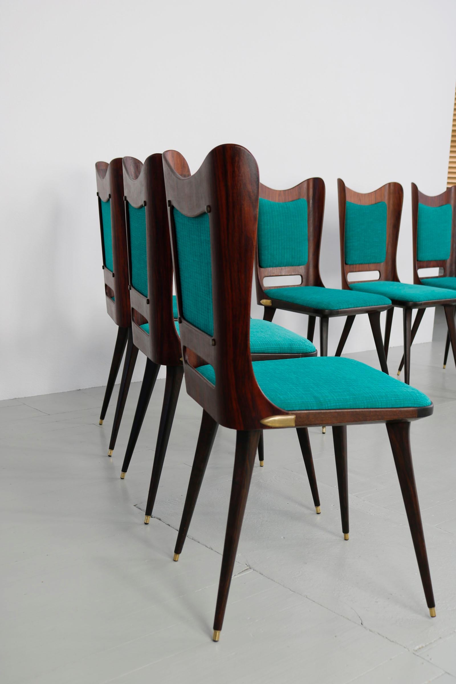 Set of Six Wooden Dining Chairs with Green Upholstery, 1950s For Sale 11