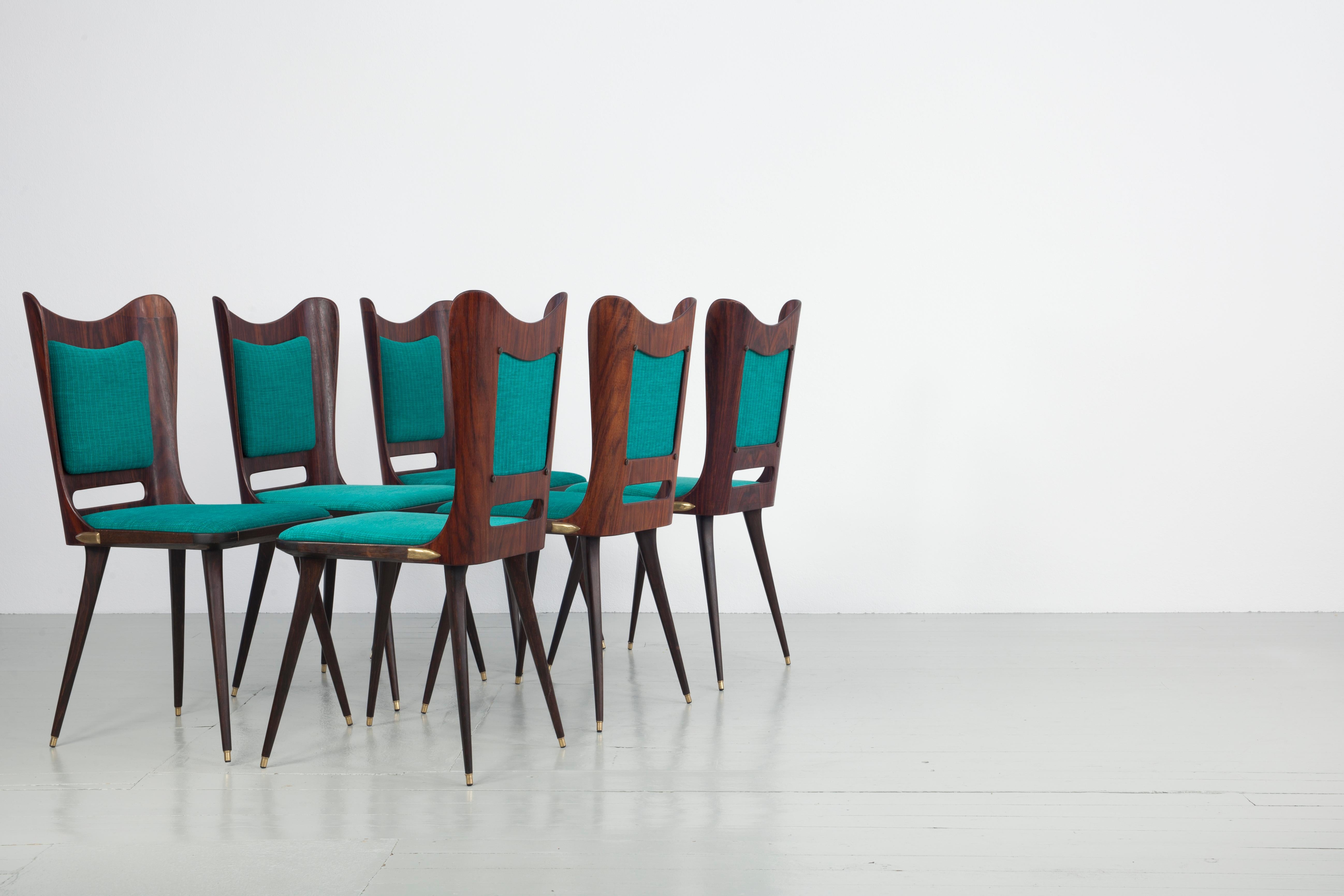 Mid-Century Modern Set of Six Wooden Dining Chairs with Green Upholstery, 1950s For Sale