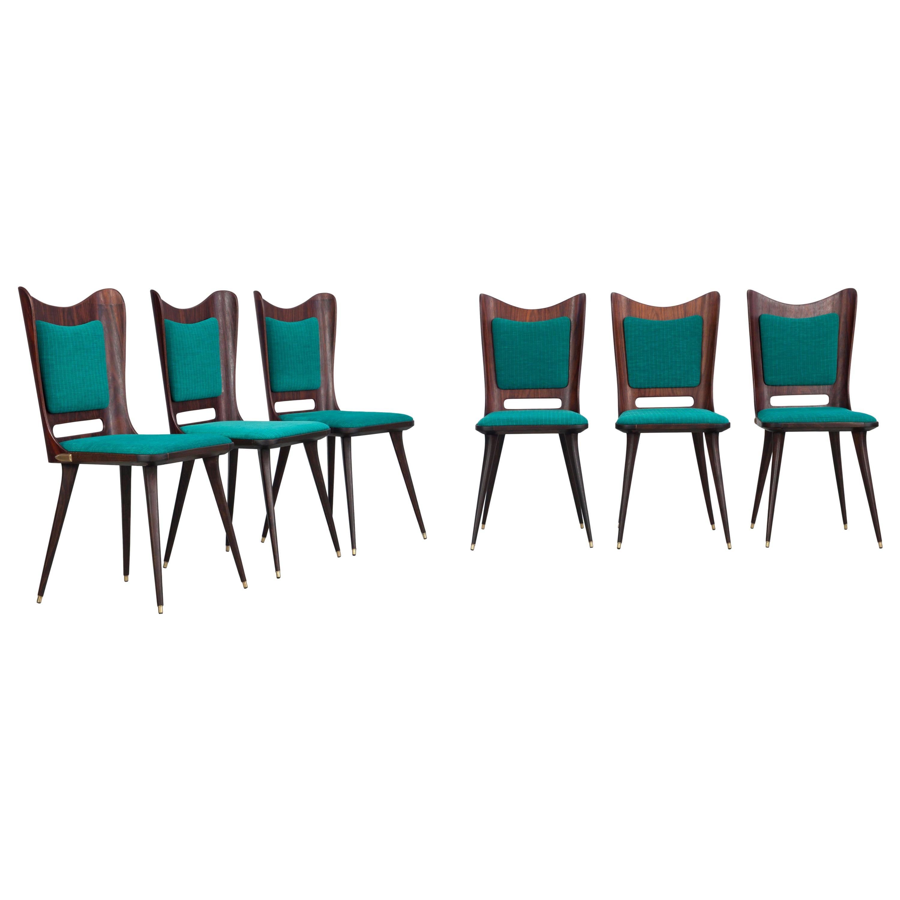 Set of Six Wooden Dining Chairs with Green Upholstery, 1950s