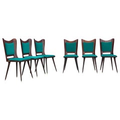 Vintage Set of Six Wooden Dining Chairs with Green Upholstery, 1950s