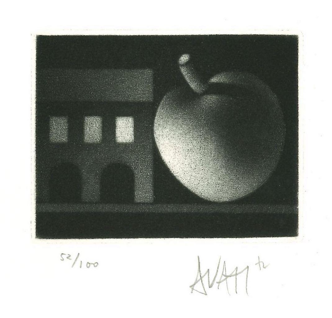 Apple and House est une gravure originale sur papier, réalisée par l'artiste et graveur français Mario Avati (1921-2009).

Signé à la main en bas à droite et numéroté en bas à gauche au crayon. Édition de 52/100 exemplaires.

En excellent