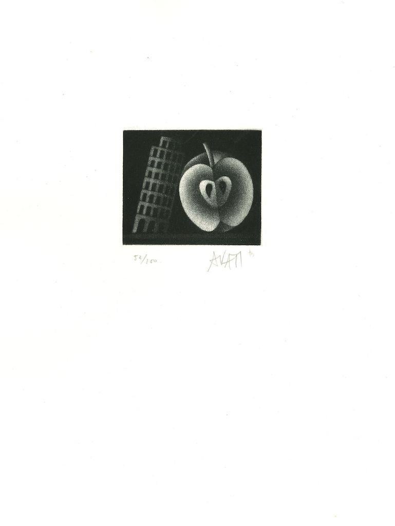 Apple and Tower - Etching on Paper by Mario Avati - 1960s For Sale 1