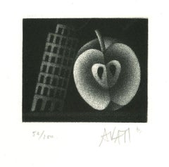 Manzana y torre - Aguafuerte sobre papel de Mario Avati - Años 60