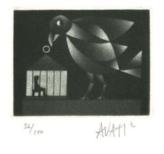 Oiseau et cage - eau-forte originale sur papier de Mario Avati - 1970