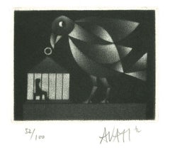 Vintage Bird and Cage - Original Etching on Paper by Mario Avati - 1970s