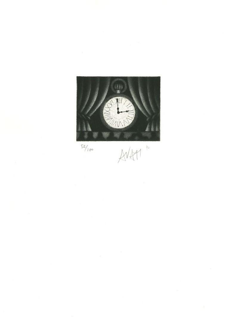 Horloge - Gravure sur papier de Mario Avati - 1970 en vente 1
