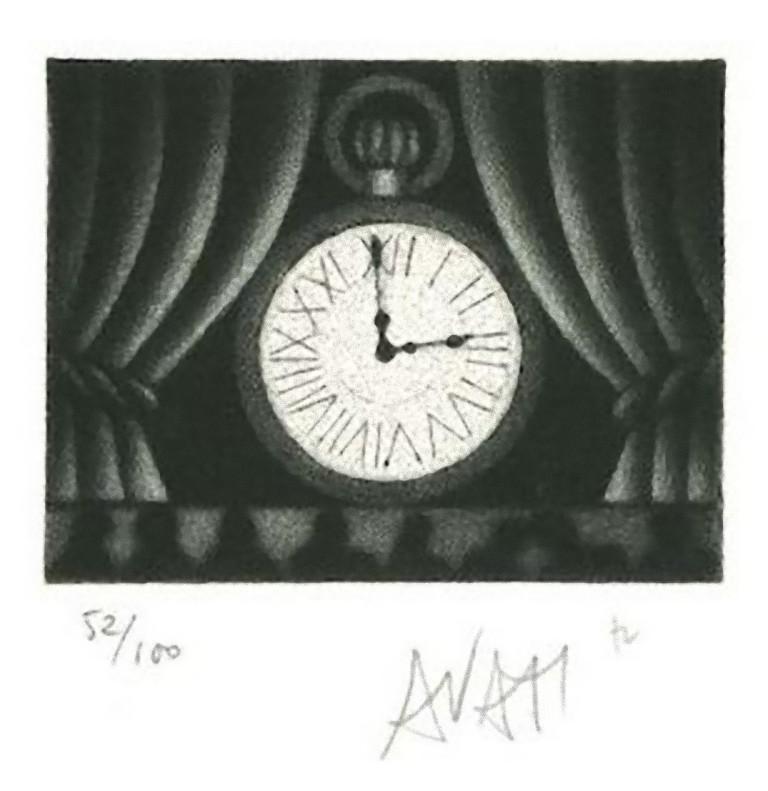 Clock est une gravure sur papier, réalisée par l'artiste et maître graveur français Mario Avati (1921-2009).

Signé à la main en bas à droite et numéroté en bas à gauche au crayon. Édition de 52/100 exemplaires.

En excellent état.

L'œuvre