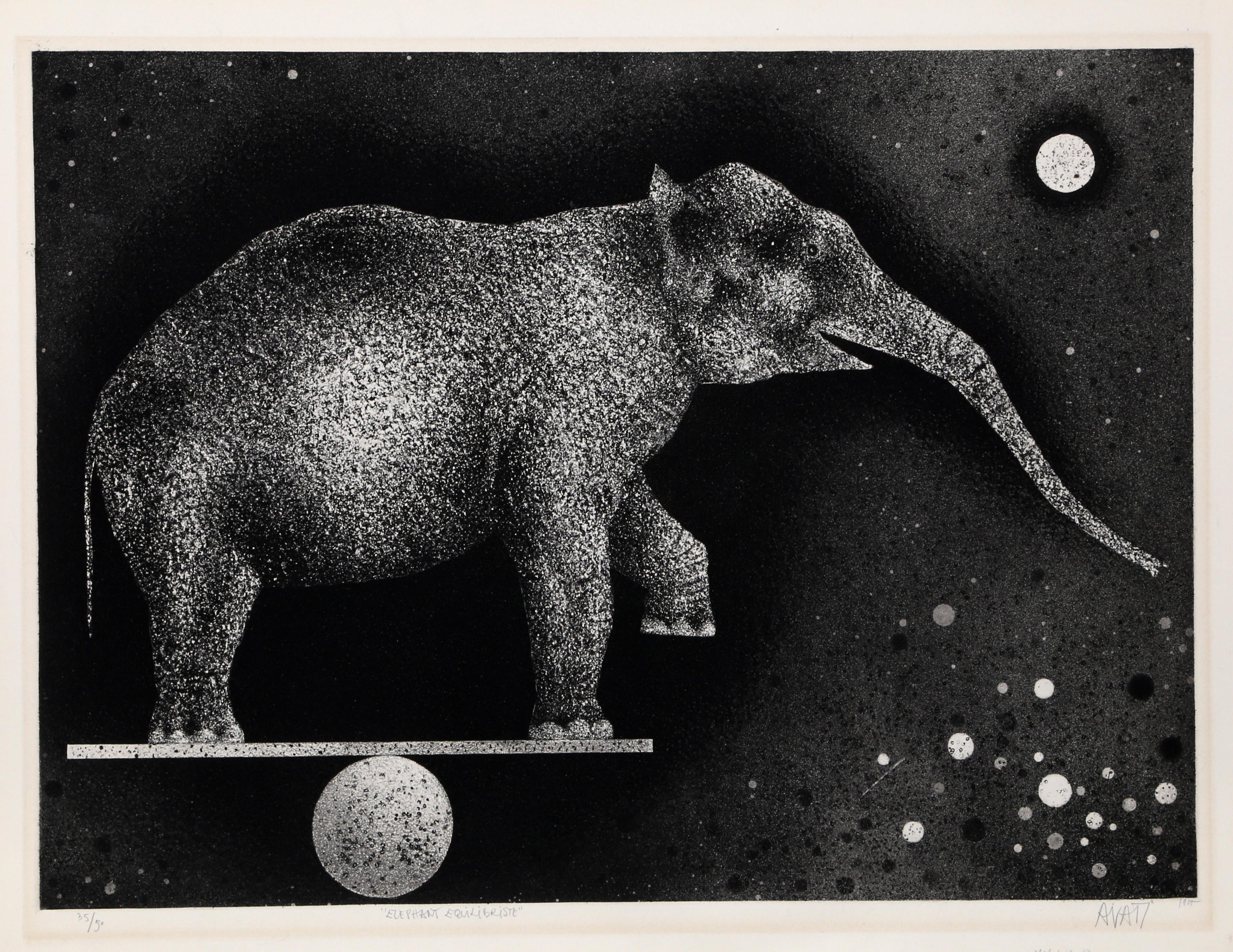Künstler: Mario Avati, Franzose (1921 - 2009)
Titel: Elefant Equilibriste
Jahr: 1969
Medium: Schabkunst, mit Bleistift signiert und nummeriert
Auflage: 35/50
Bildgröße: 17,5 x 24 Zoll
Größe: 20 x 26 Zoll (50,8 x 66,04 cm)