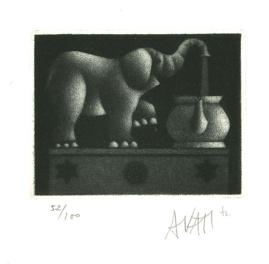 Elephant is etching on paper, realized by the French artist and print-maker master Mario Avati (1921-2009).

Hand-signed on the lower right and numbered on the lower left in pencil. Edition of 52/100 prints.

In excellent conditions. 

The original